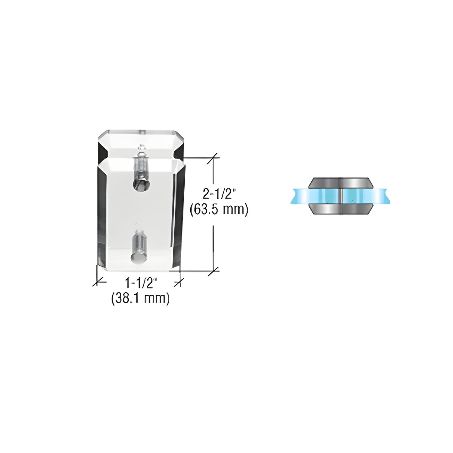 Clear acrylic mall glass clamp AMC180, 2-1/2 x 1-1/2 in, fits 3/8-1/2 in tempered glass, chrome caps
