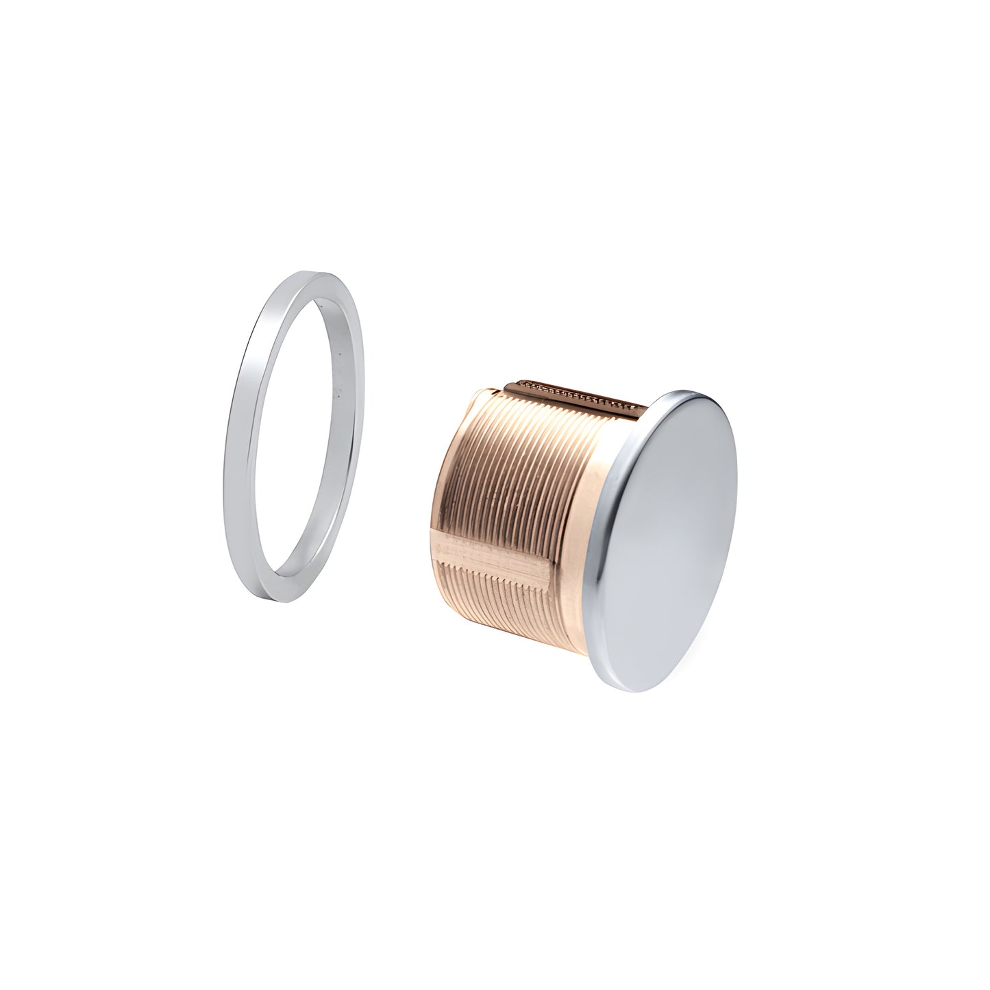DRA30SA mortise dummy cylinder - satin anodized brass body with chrome bezel ring, low-profile thumbturn.