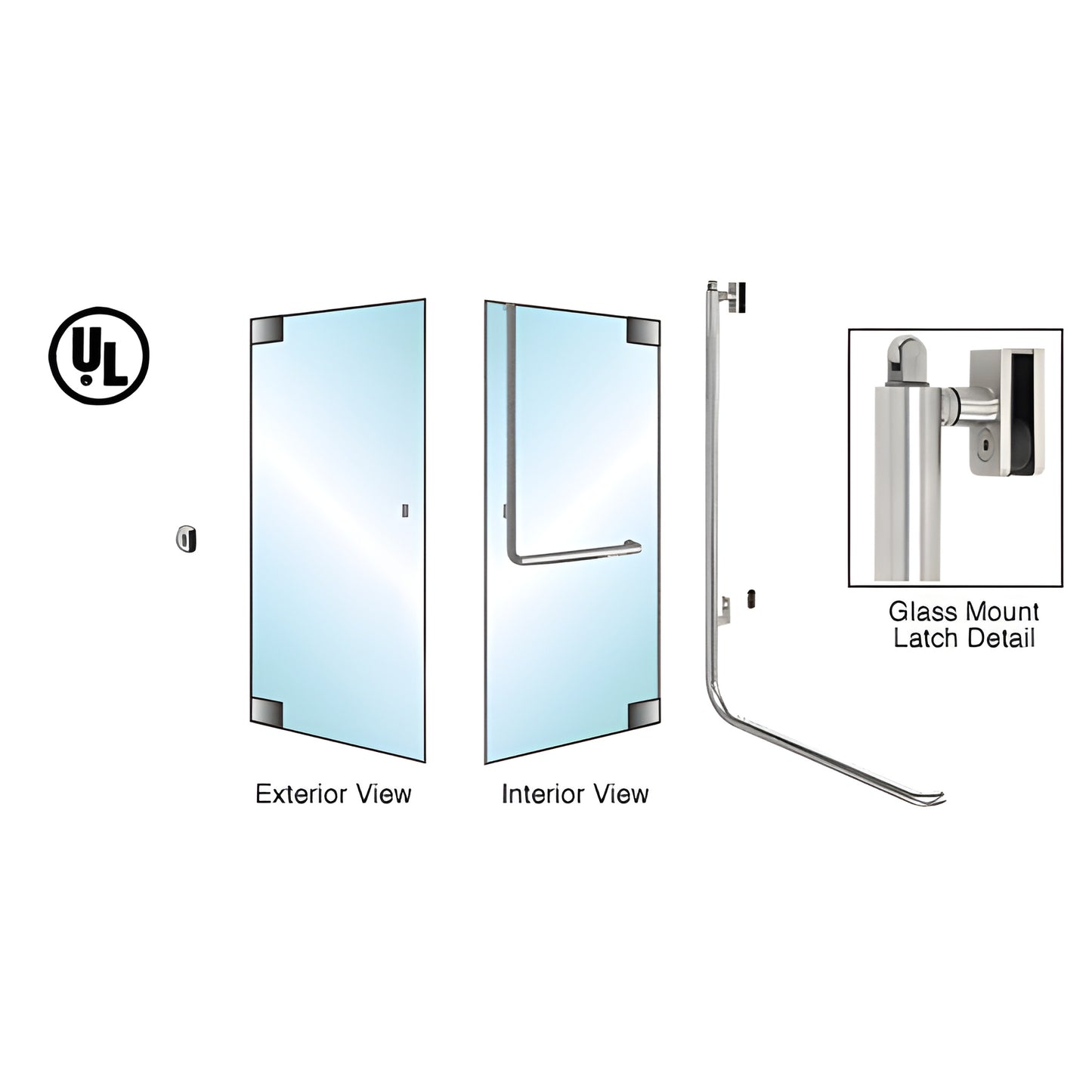 Brushed stainless tubular panic handle for 1/2 in glass doors, 1-1/4 in tube, exterior keyed, UL listed