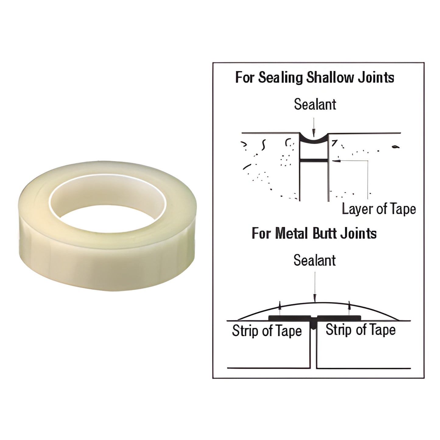 CRL Bond Breaker Tape roll (SKU 827T34), clear 3/4 in. x 108 ft, pictured beside diagram showing use for shallow and metal bu