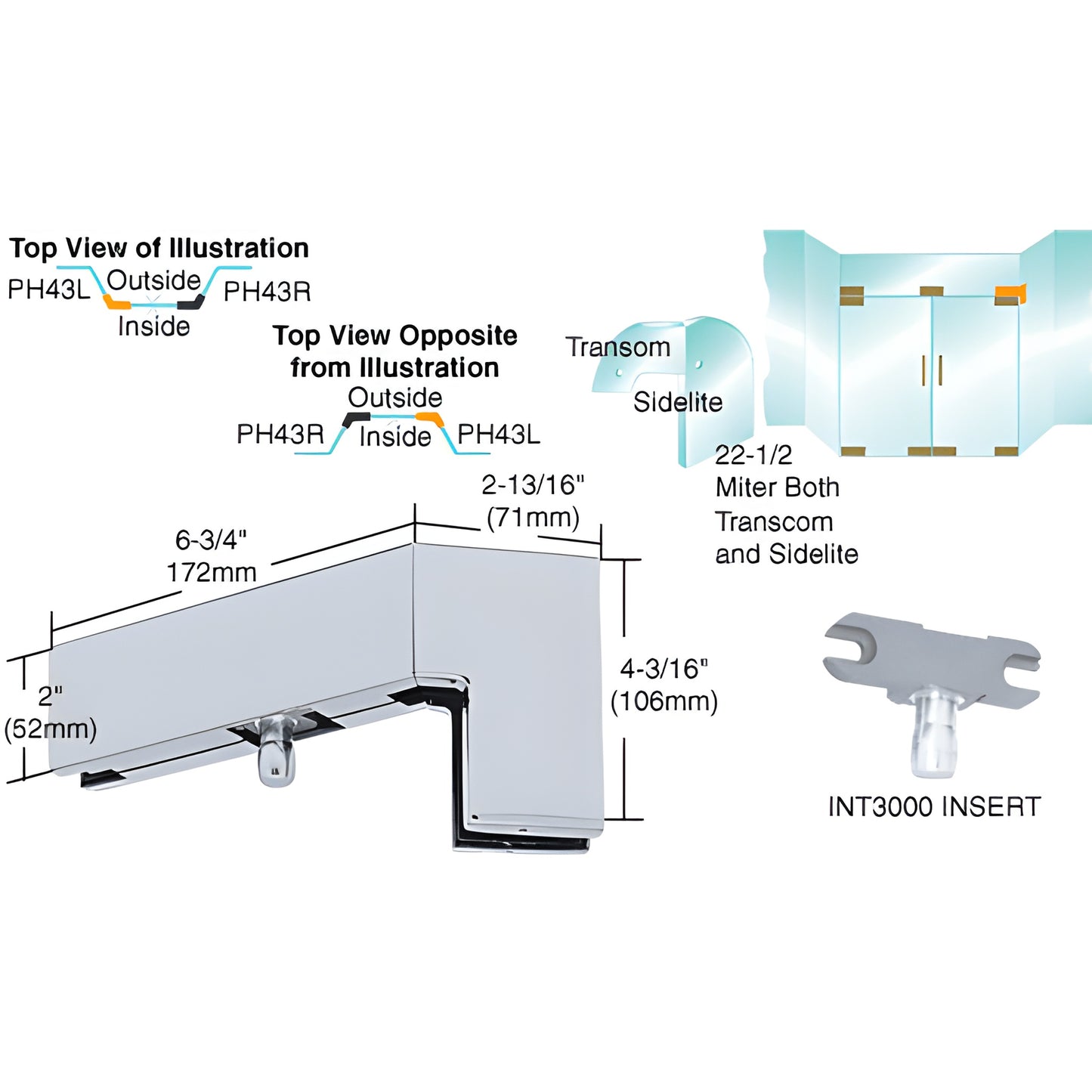 PH43RA left-hand 135 satin-anodized sidelite transom patch with INT300 insert for 3/8in glass.