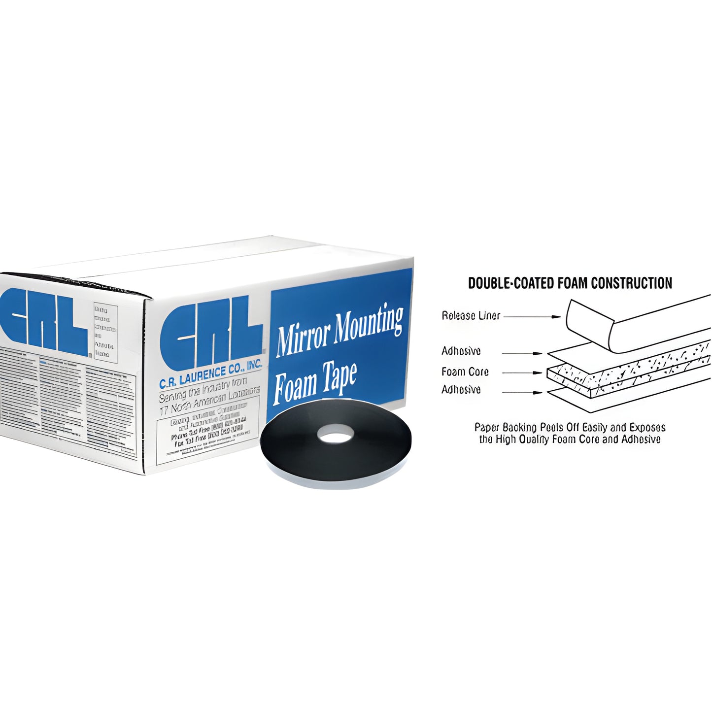CRL423212: box of CRL Mirror Mounting Foam Tape with black 1/2 in. roll and double-coated foam construction diagram