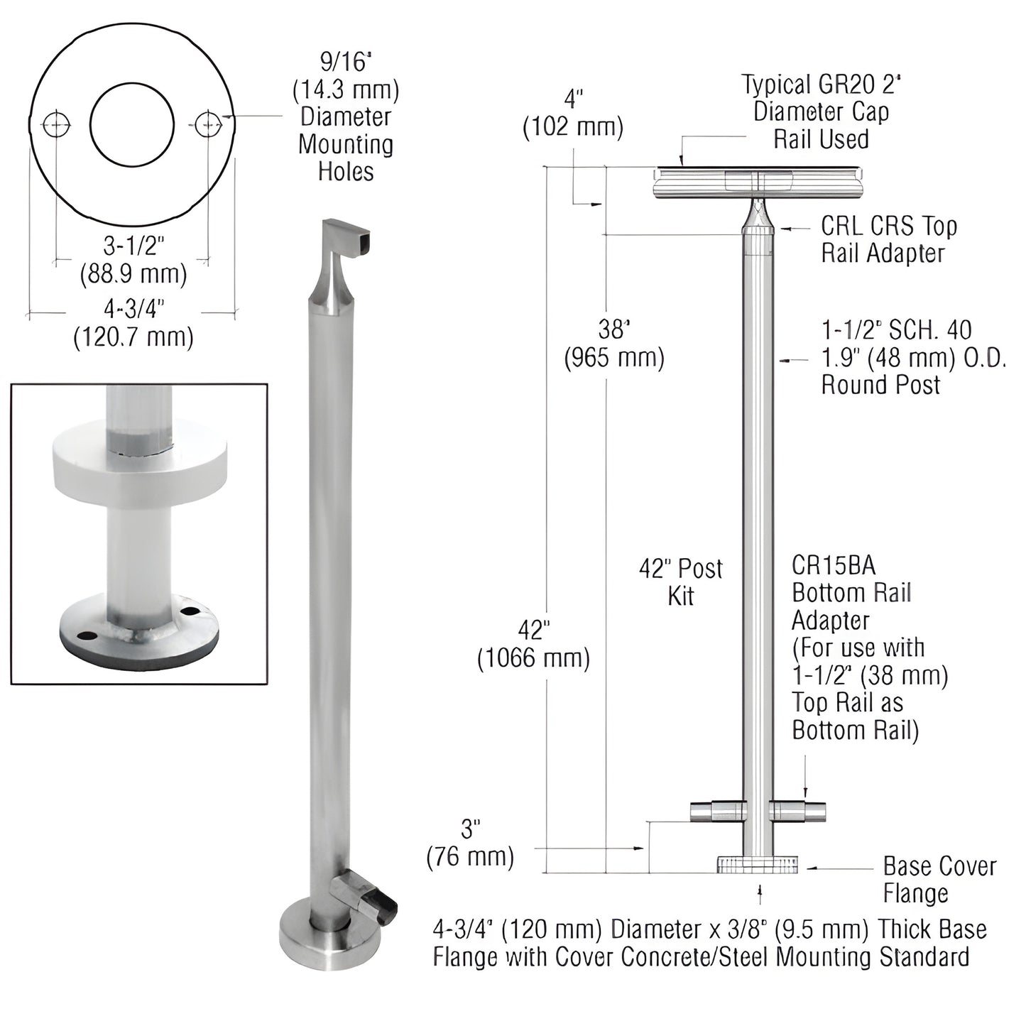CR42EKBS stainless steel 42in surface-mounted guardrail post kit with round base plate, top and bottom rail adapters.