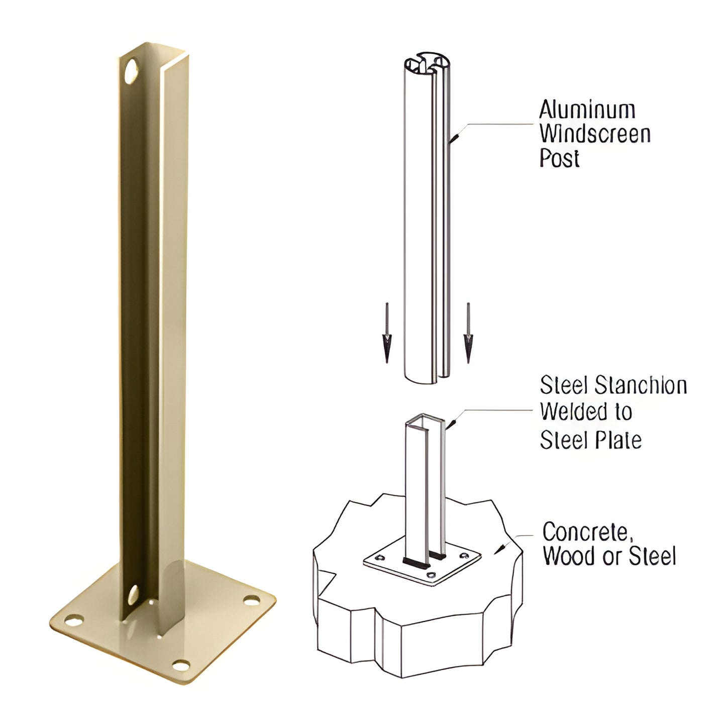 Matte bronze welded steel stanchion with 5 in square base plate, surface-mount post support for posts up to 48"
