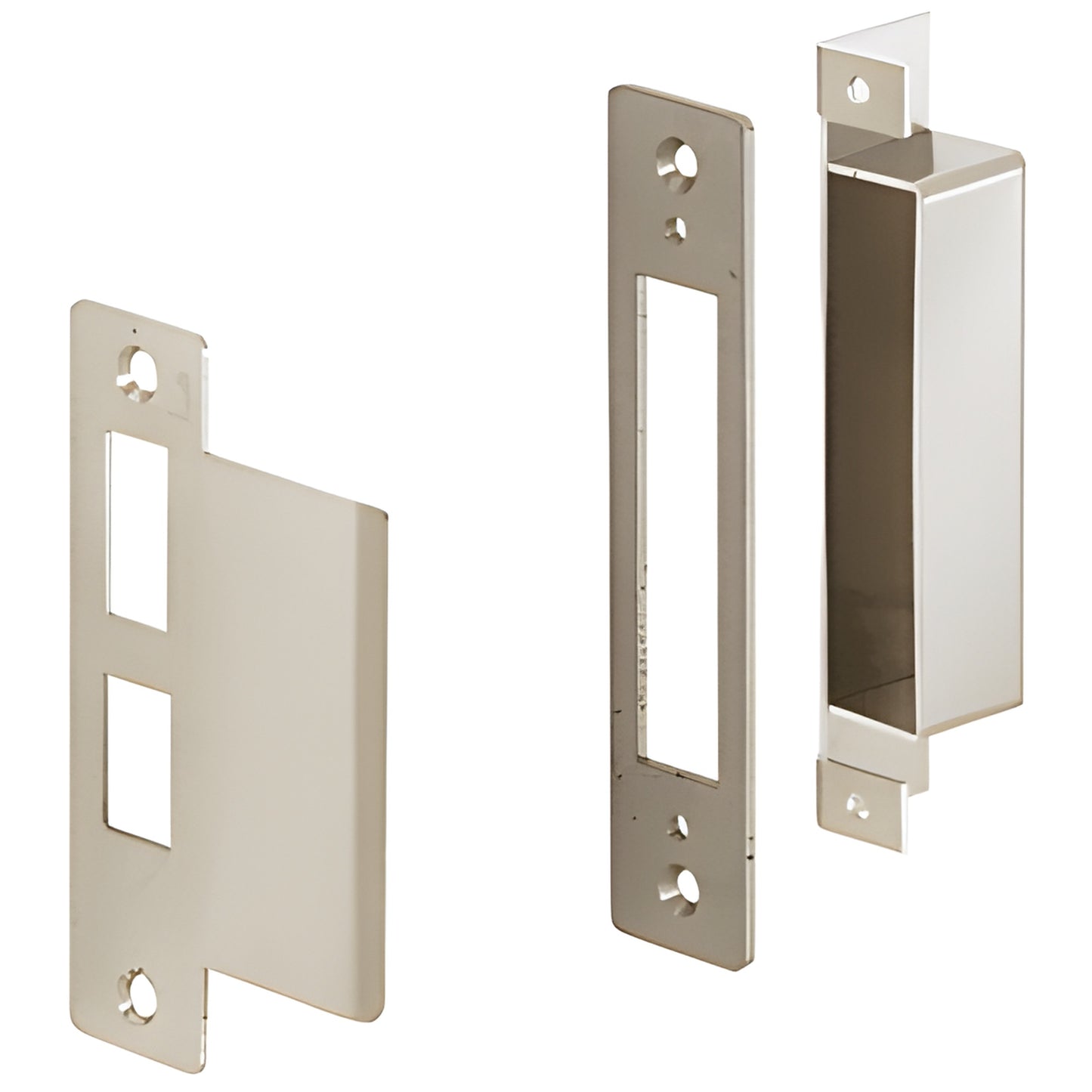 DLR6640 brushed stainless 6x10 center lock strike set with dust box and backup plate, right-hand mounting.