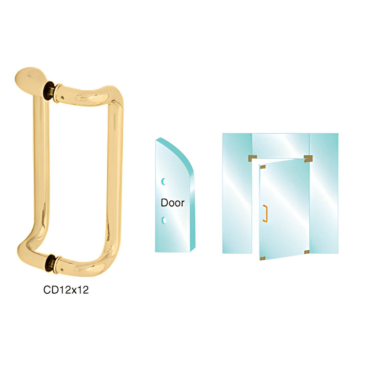 Polished brass glass-mounted pull handle (CD12X12BR), 12 in center-to-center, fits 3/8-3/4 in glass
