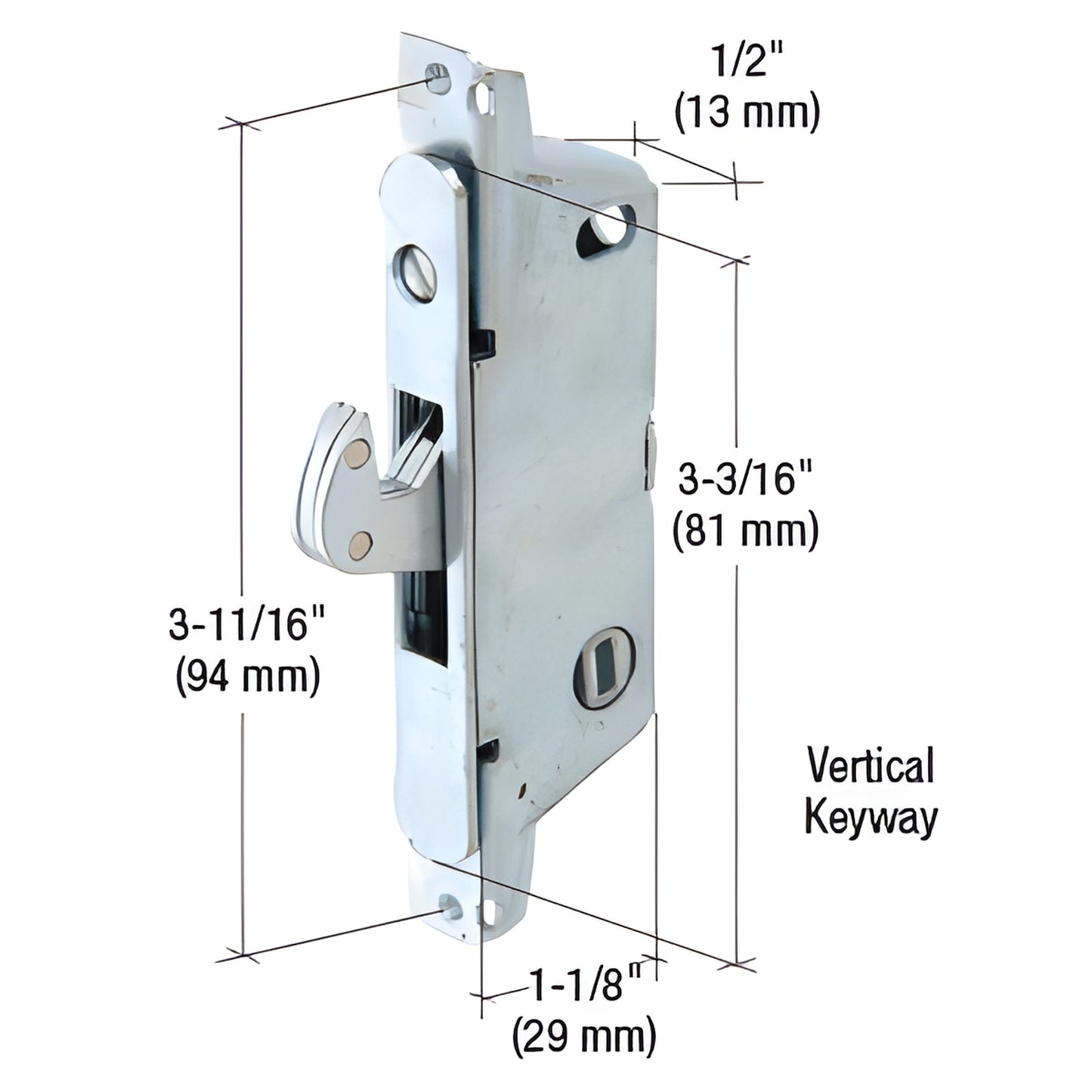 CRL E2009 adjustable hook mortise lock, 1/2" steel housing, vertical keyway, 3-11/16" screw centers for Adams Rite doors