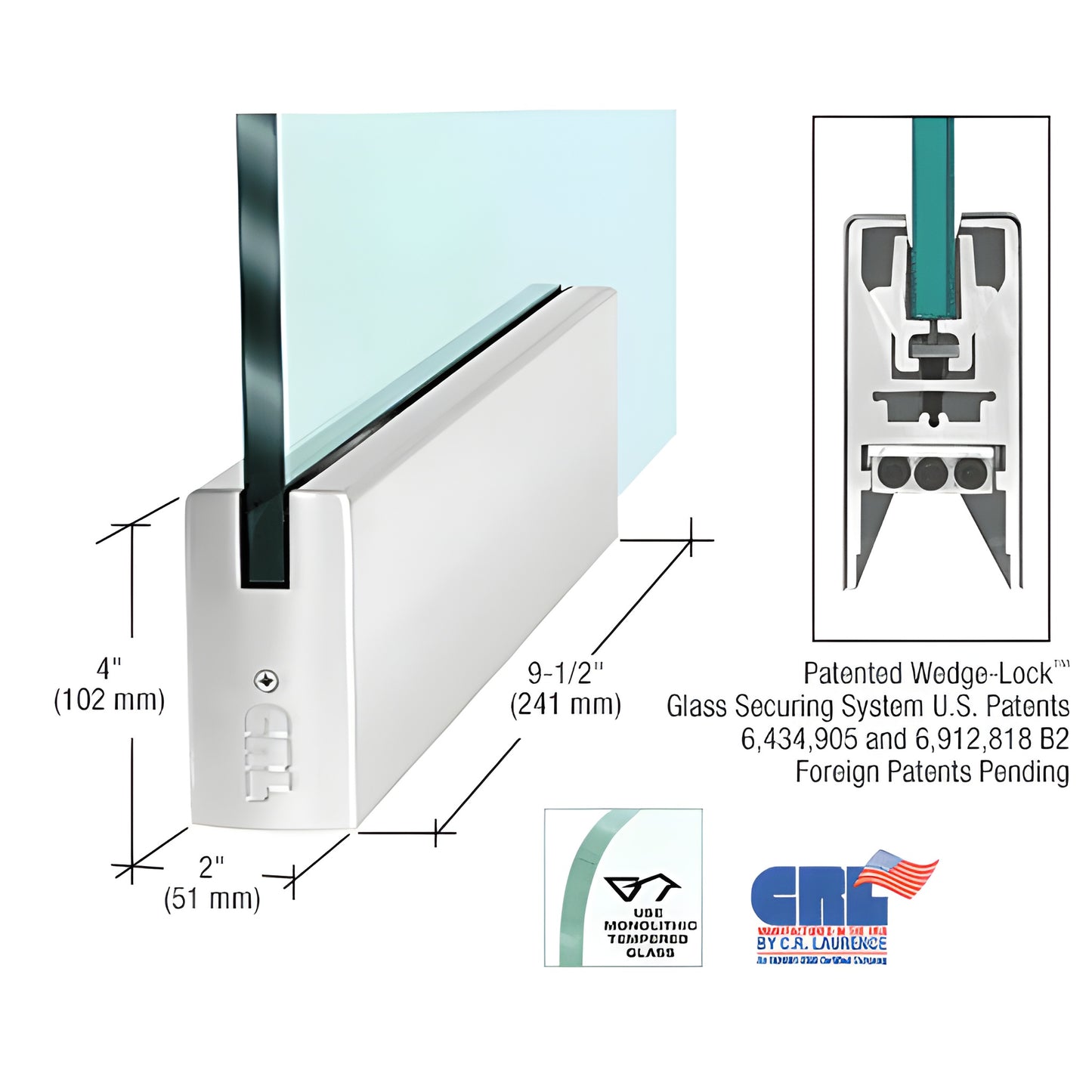Polished stainless steel CRL Wedge-Lock door bottom rail for 1/2" glass, 9-1/2" long, 4" high (SKU DR4SPS12P)