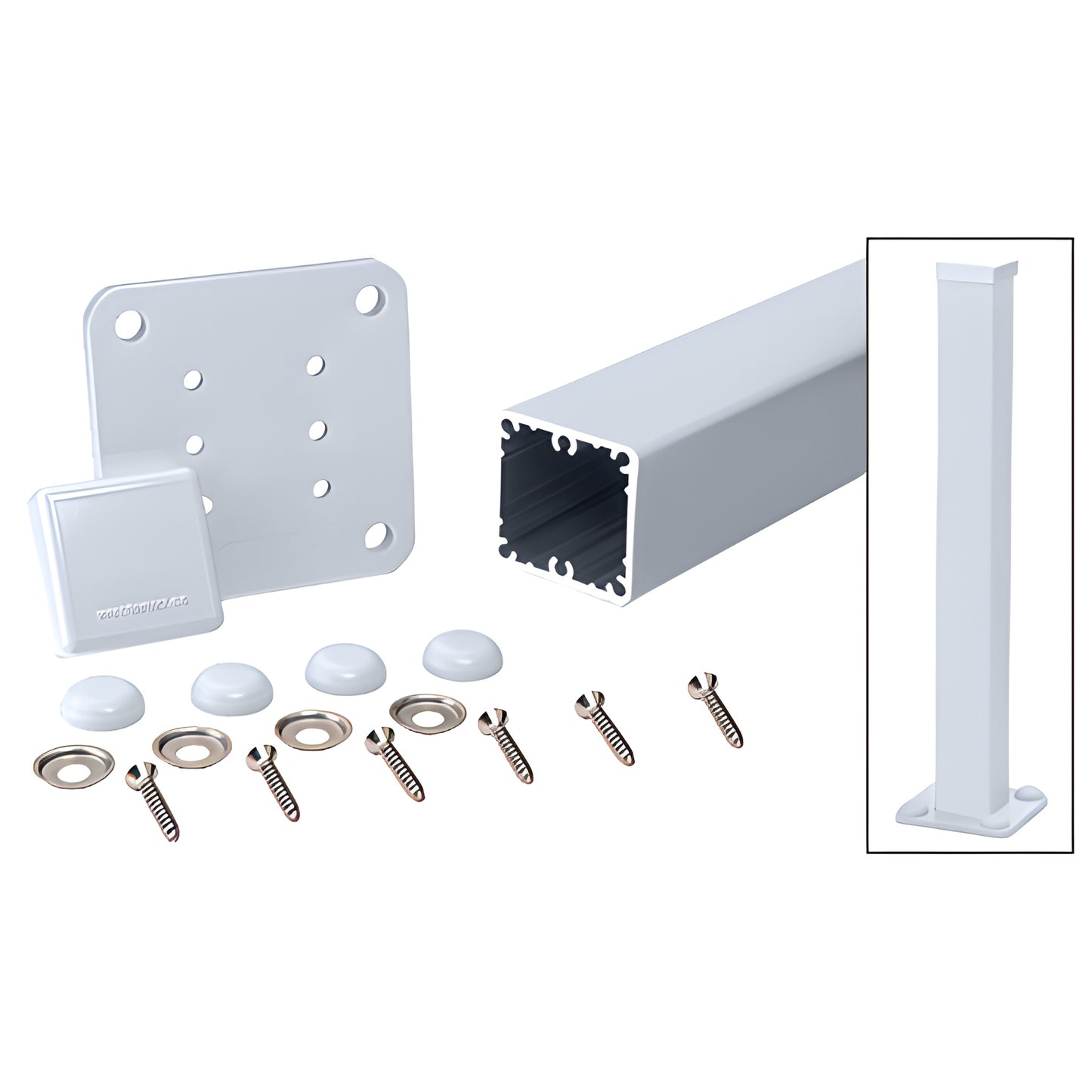 CRL 100 Series 42" 2-3/8" square aluminum surface-mount post kit with base plate and hardware, white finish (SKU 1P42KCA)