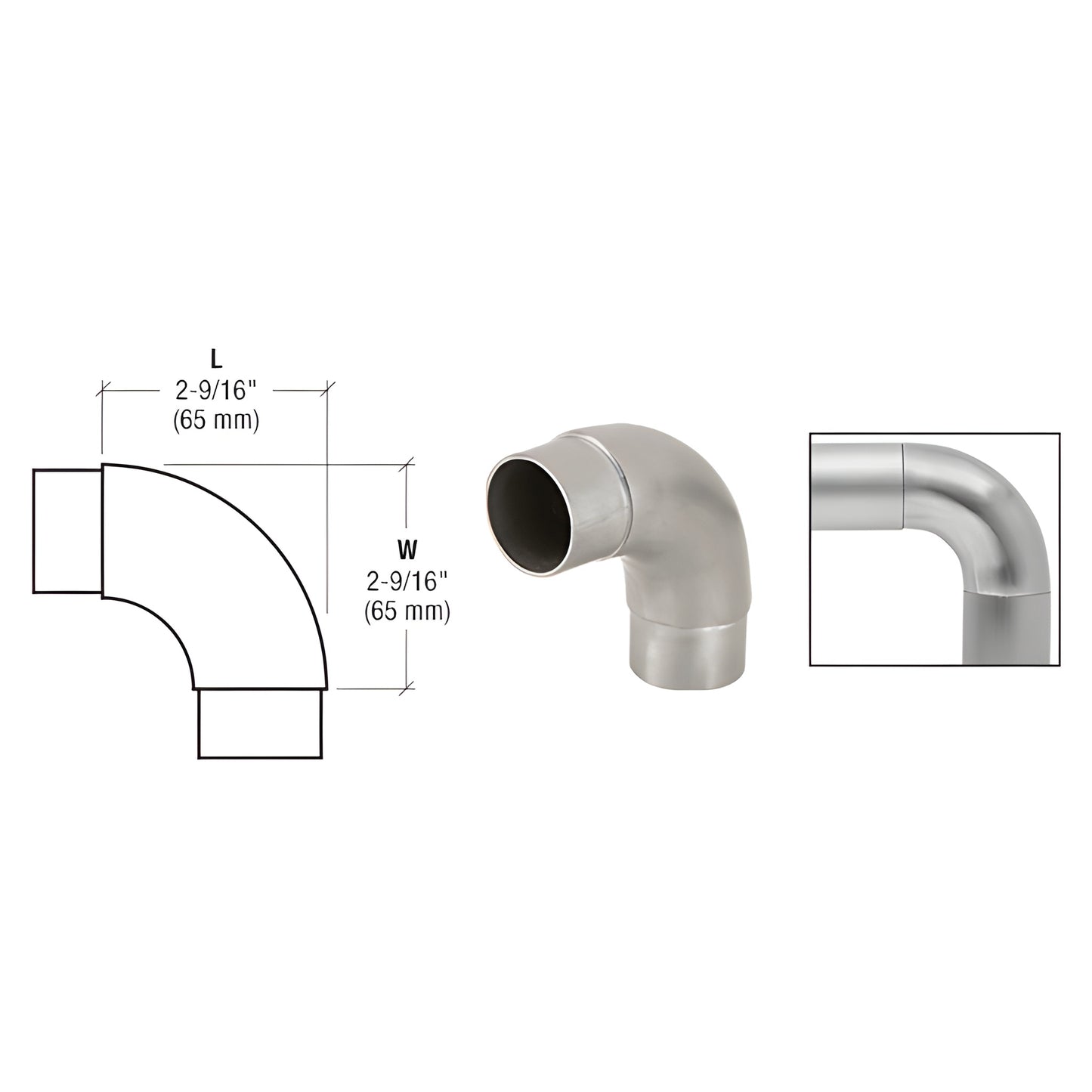 HR15CBS brushed stainless 90 radius corner fitting for HR15 handrail tubing, 2-9/16" (65 mm)