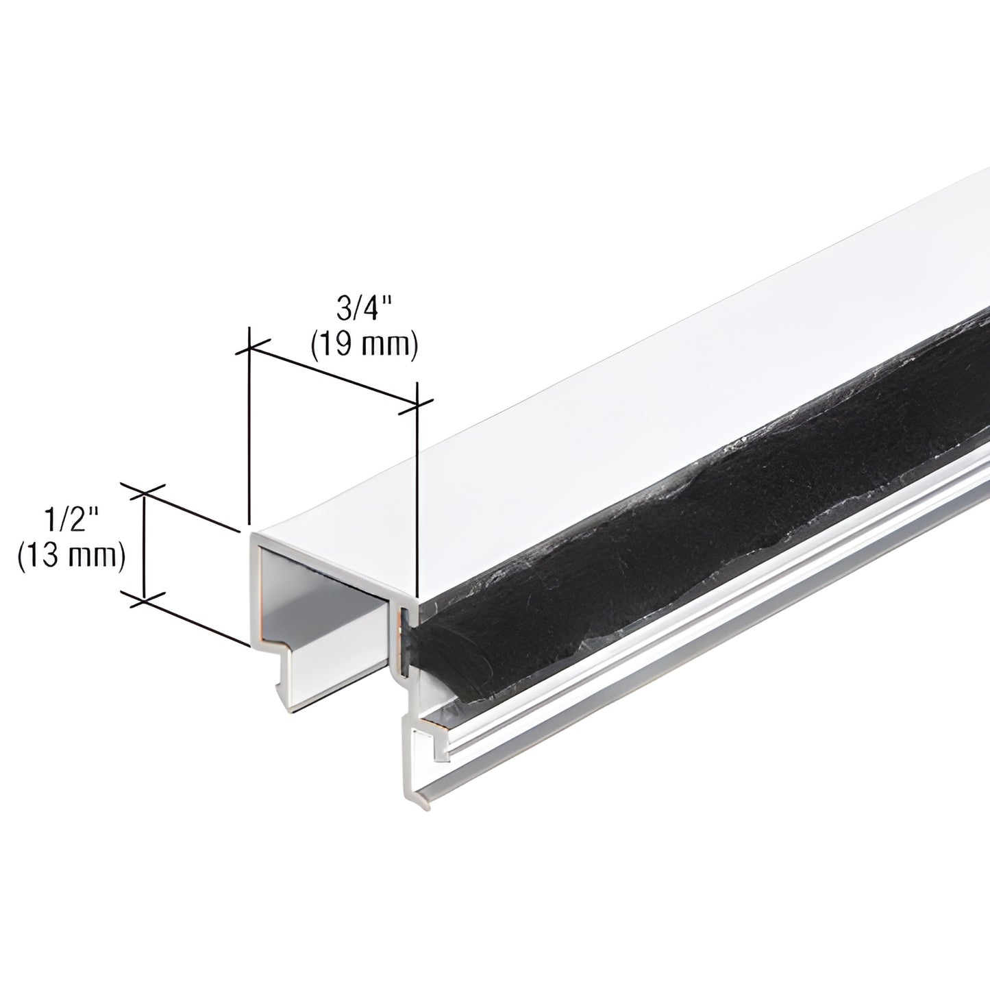White Kynar aluminum extrusion profile with black weatherstrip, dimensions 3/4" (19mm) by 1/2" (13mm).