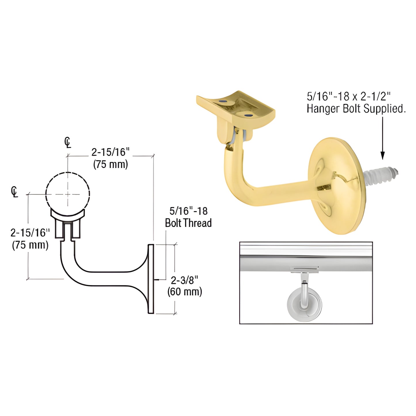 Polished brass wall-mounted handrail bracket HR15WAPB - 2-way adjustable, fits 1-1/2" and 1.66" tubing.