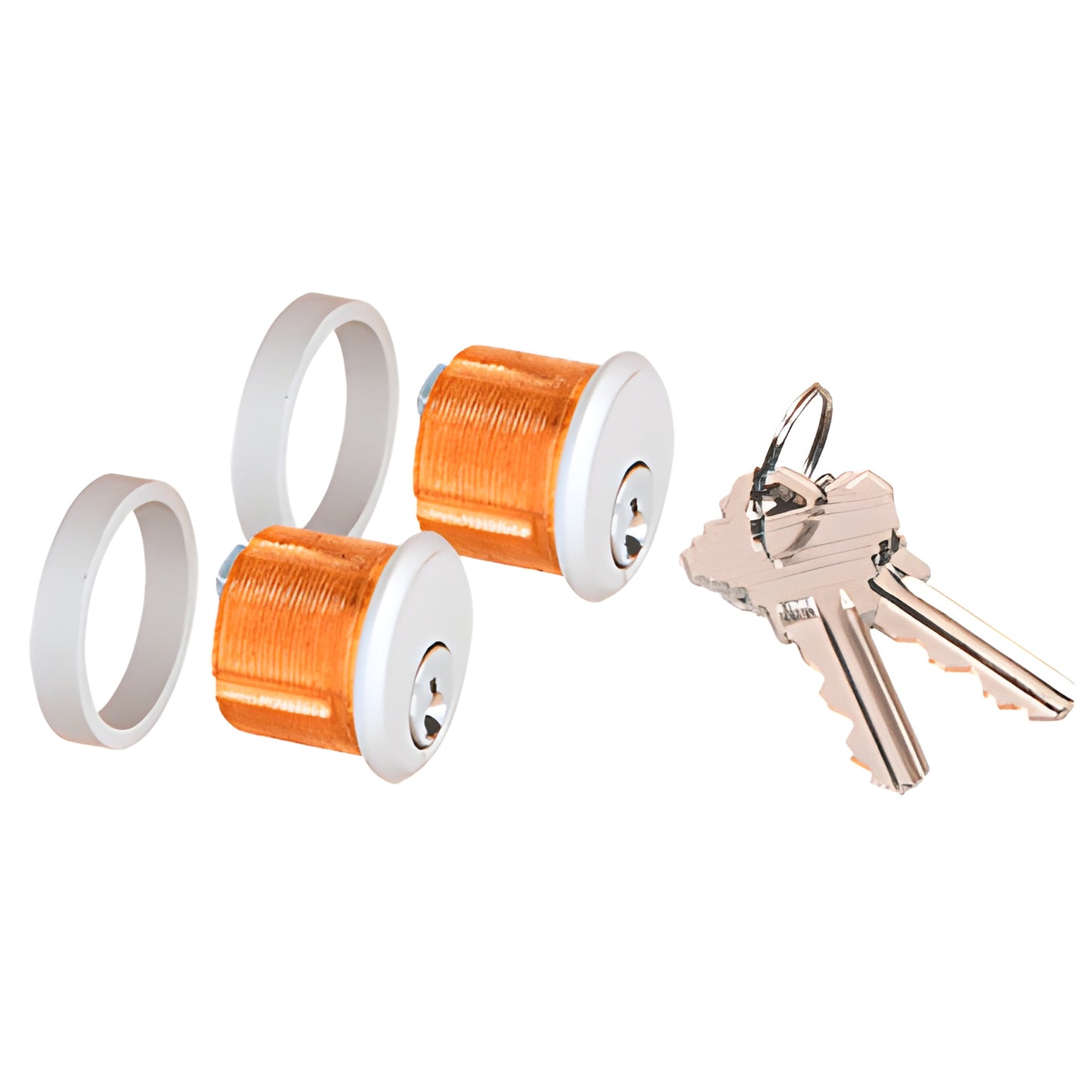AMR215CCA satin-anodized patch lock cylinders with copper bodies, mounting rings and two keys for frameless glass doors.