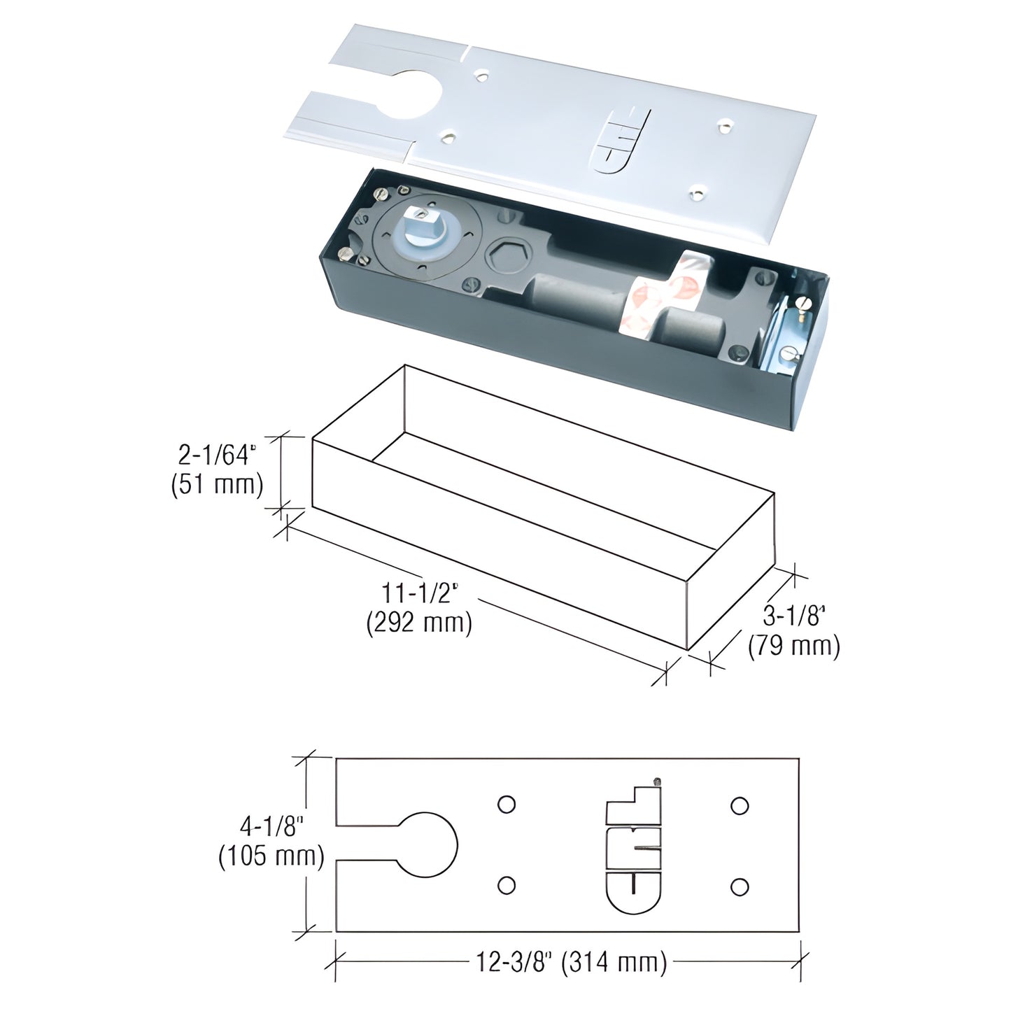 CRL8460 narrow-width floor-mounted door closer with chrome cover plate, closer body and dimensional diagram.