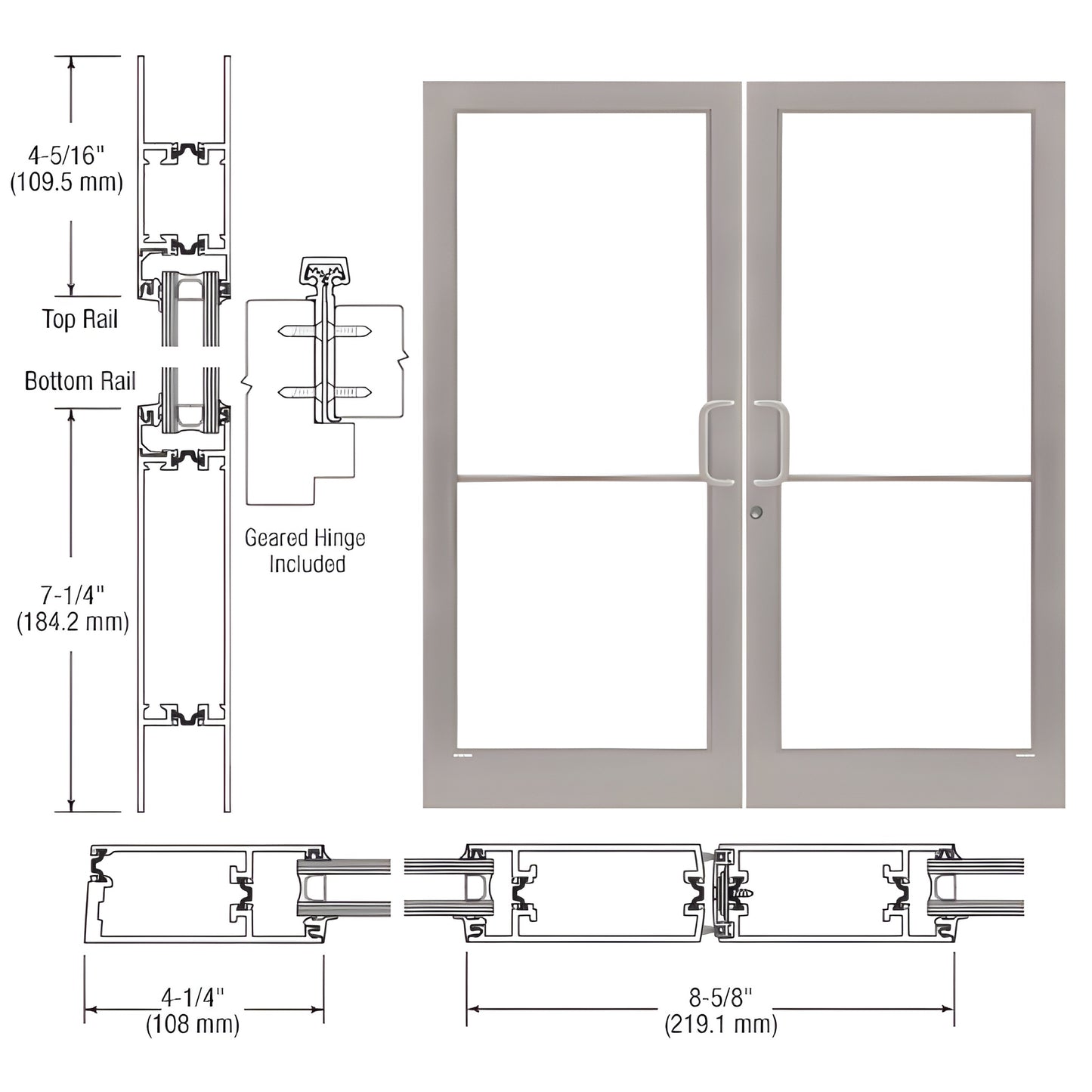 CRL medium stile double entrance door, clear anodized finish, 4-1/4" stiles, 7-1/4" bottom rail, push/pull handles (SKU 1D428