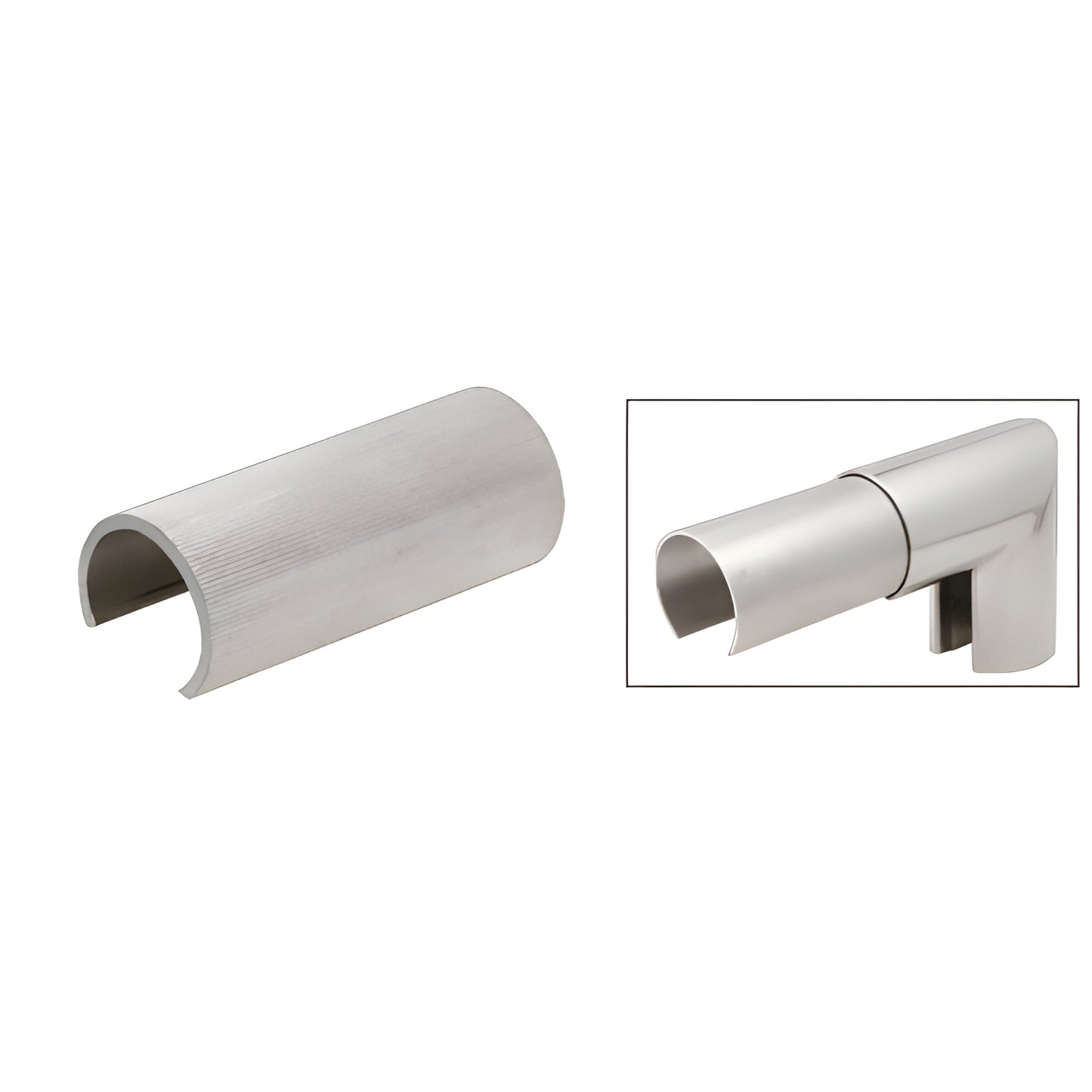 GR30CSM mill-finish 5 in aluminum connector sleeve for cap/hand-rail splices, shown loose and installed.