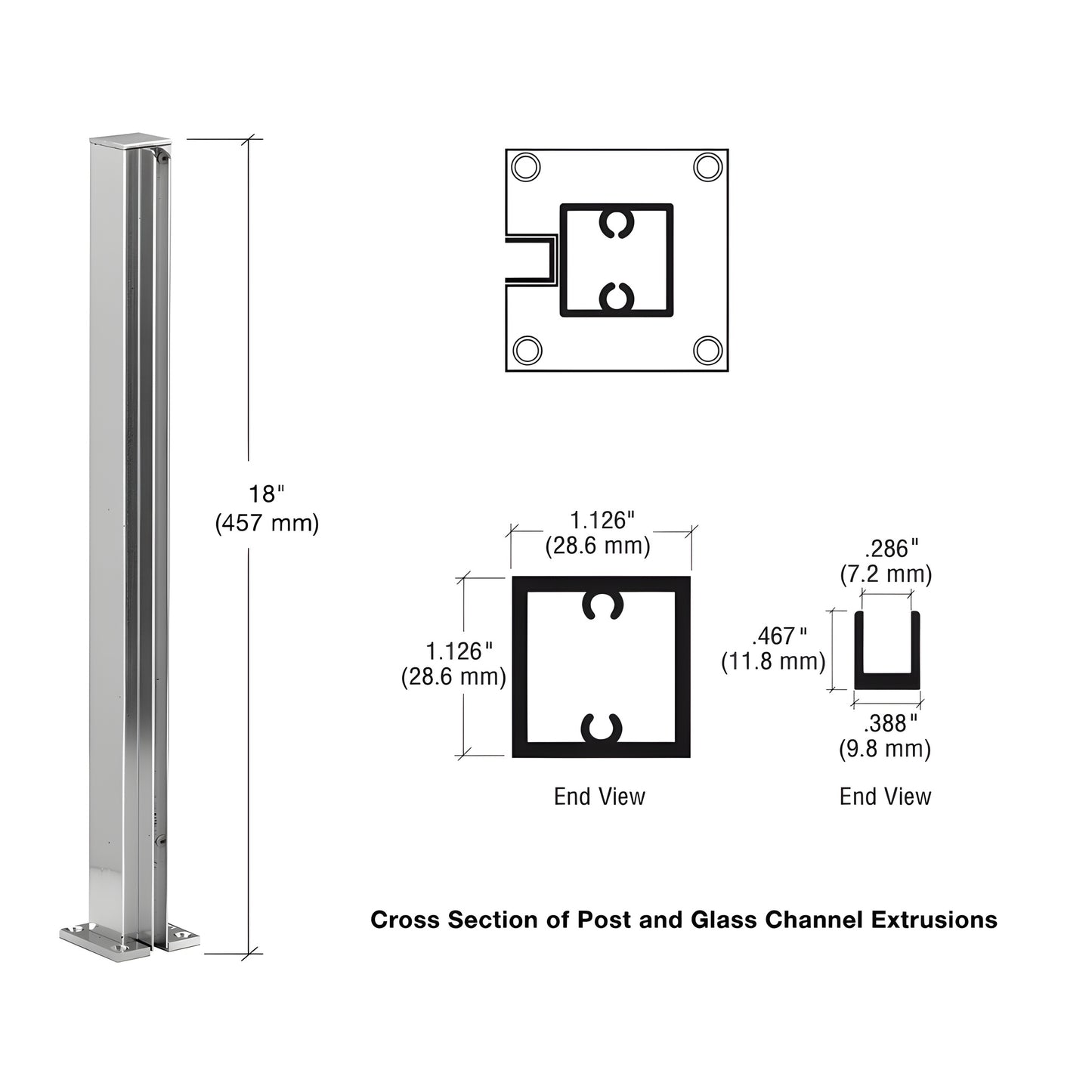 CRL Design Series 18 in bright anodized aluminum square partition post with U channel for 1/4" glass, SKU D990BA18E