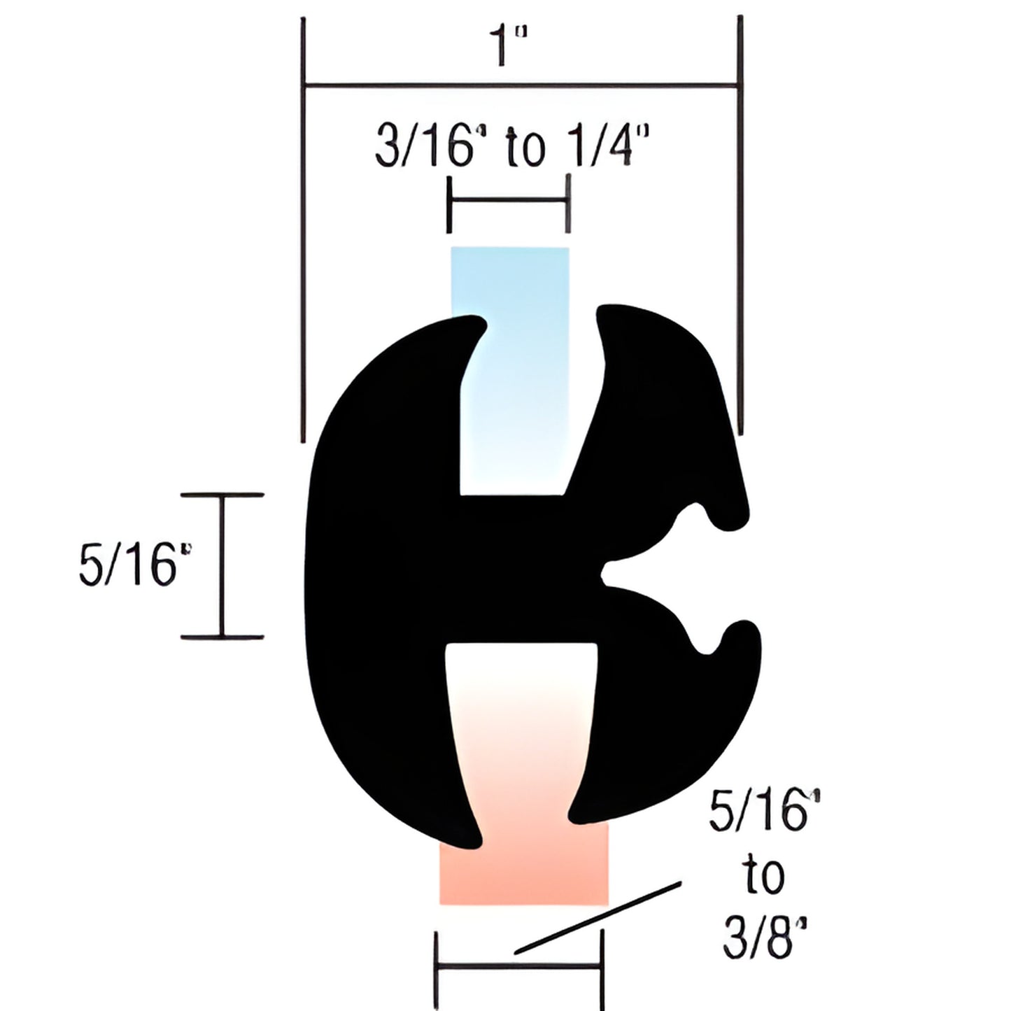 Black EPDM self-sealing weatherstrip profile, 1" wide, fits 3/16-1/4" glass and 5/16-3/8" panel, sold 50 ft roll (SKU AS1708)