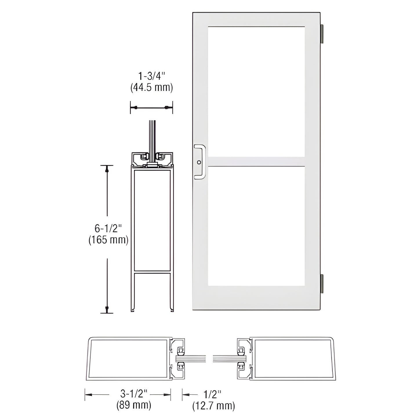 DZ41552 white Kynar medium-stile commercial entrance door, 3-1/2" stiles, 6-1/2" bottom rail, glass panels (glass not include