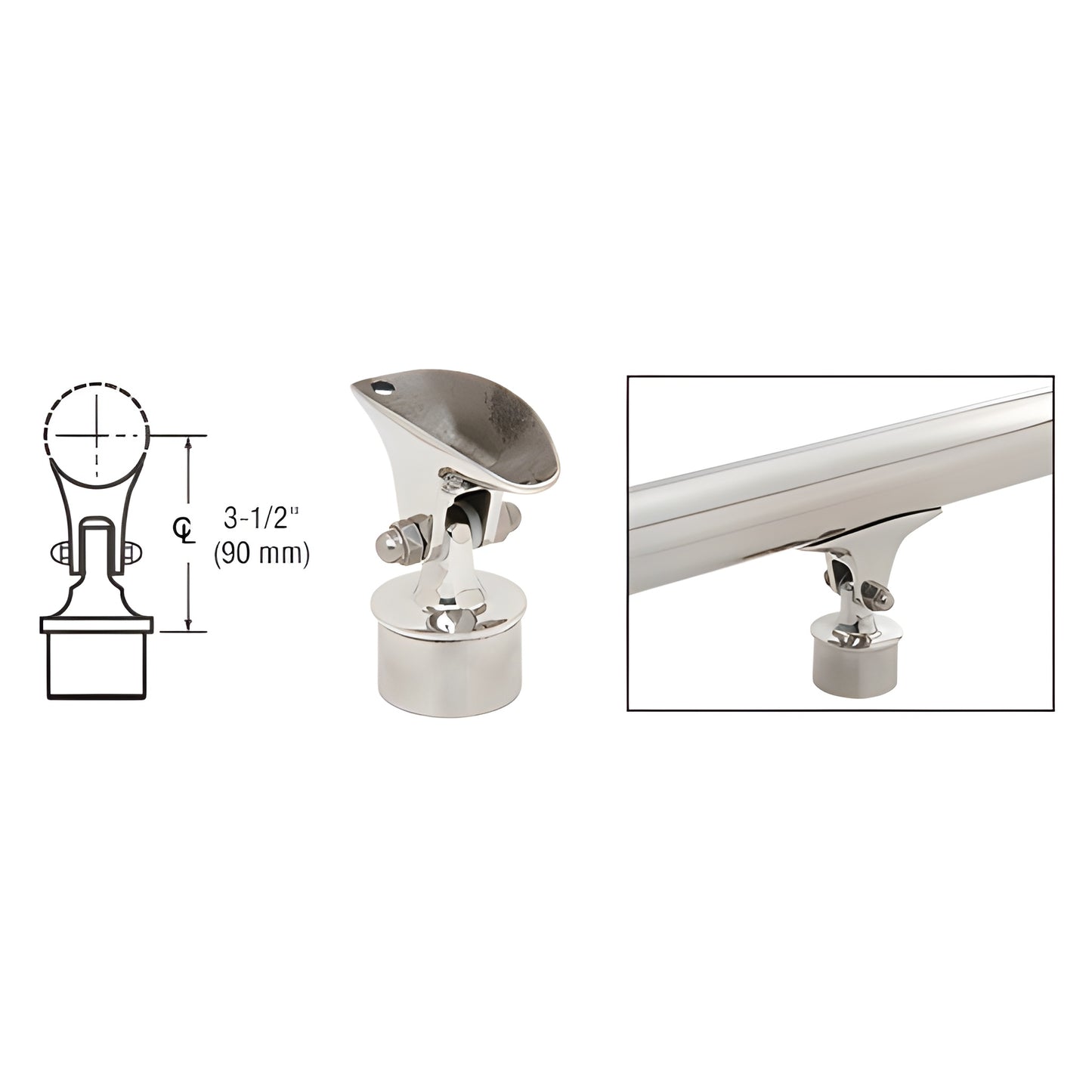Polished stainless adjustable handrail saddle (HR20VAPS) with pivoting tubular mount; includes mounting screws.