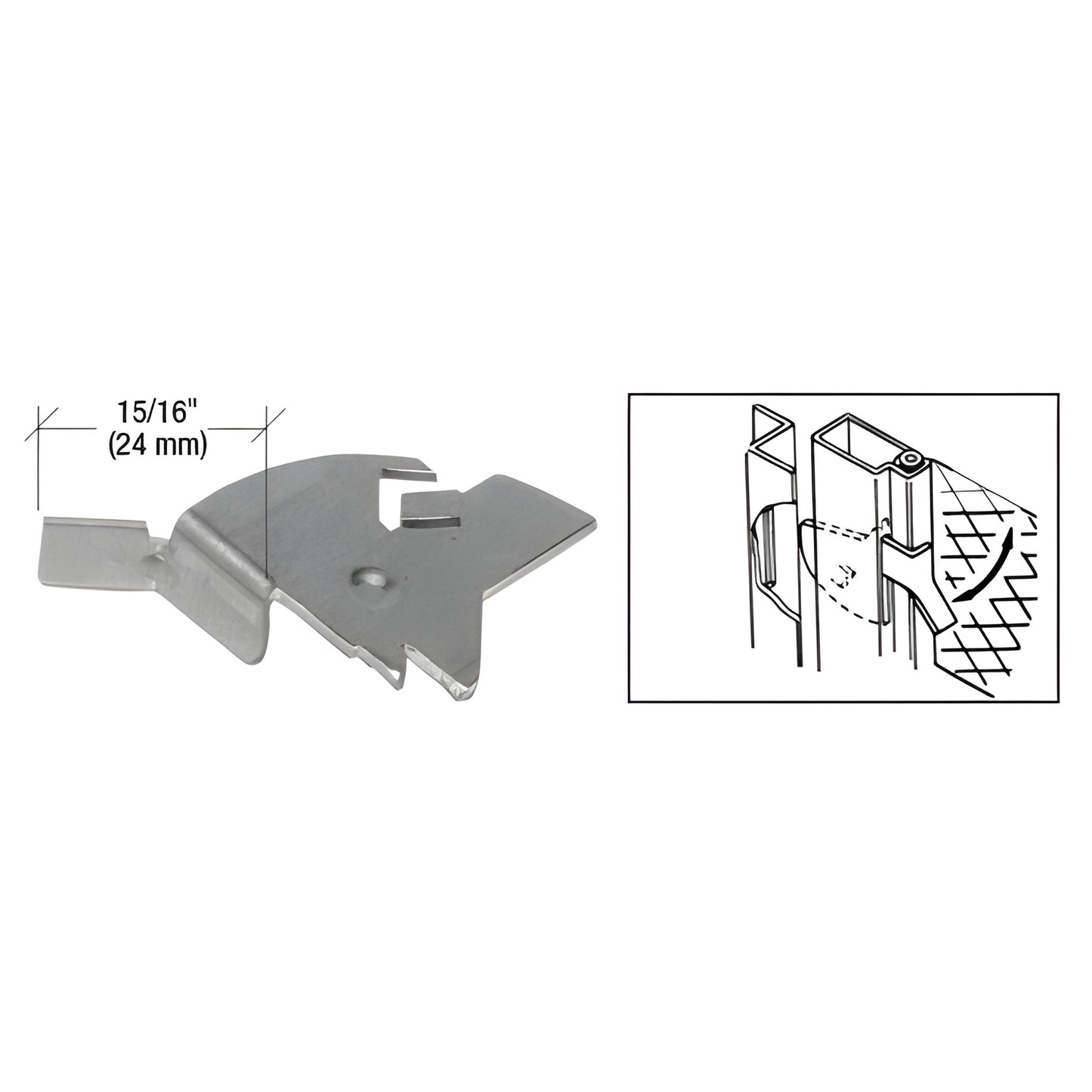 Mill-finish inside blade knife latch (15/16in) for screen frames, shows metal latch and installation diagram - SKU L5561