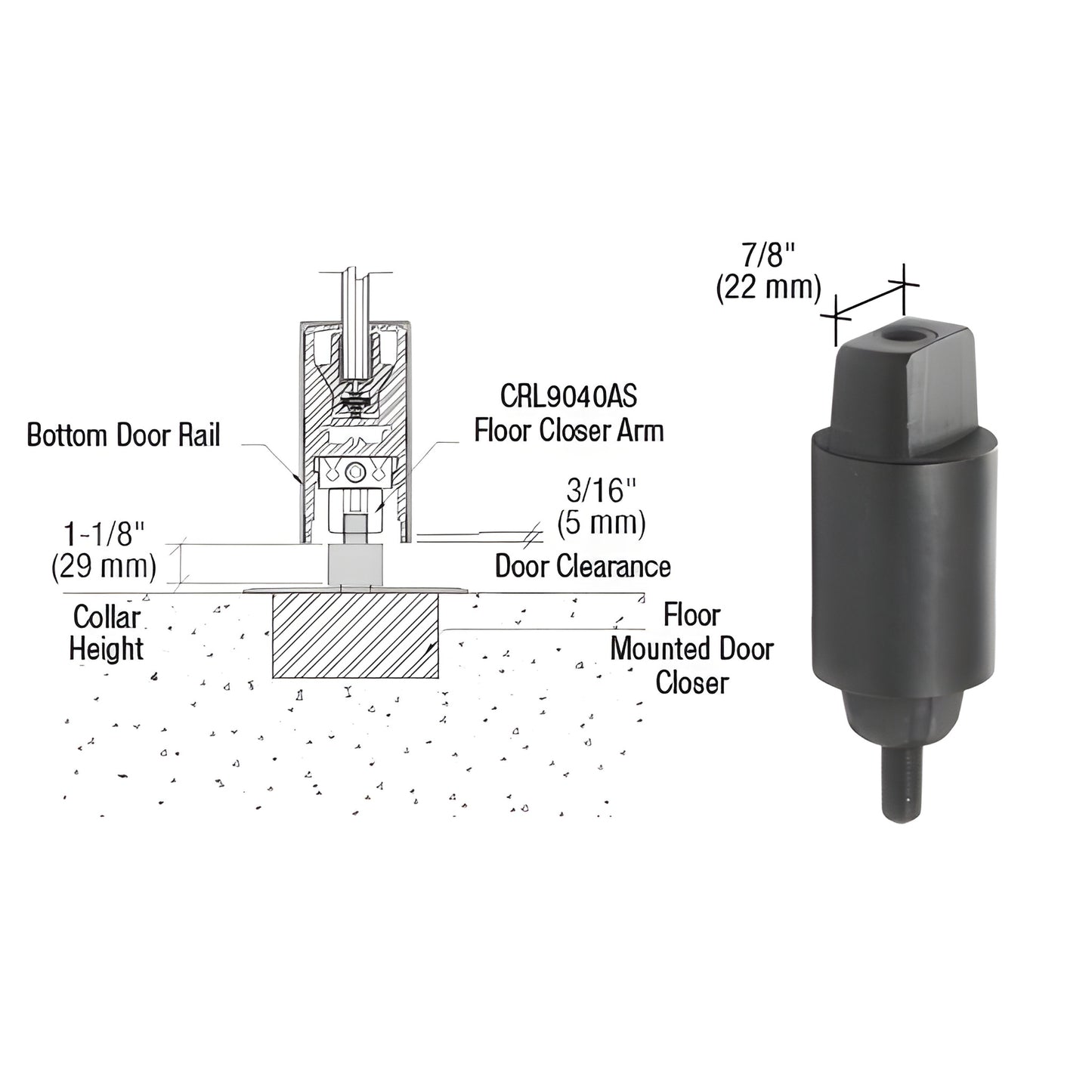 CRL9040S28 flat tapered aluminum floor closer spindle, replacement for Jackson 900/Dorma BTS80, 1-1/4" collar height