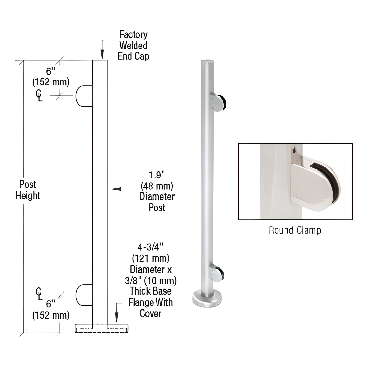 Stainless steel round glass-clamp post kit PR42EPS - 1.9" dia post with base plate, cover and Z-series round glass clamps.