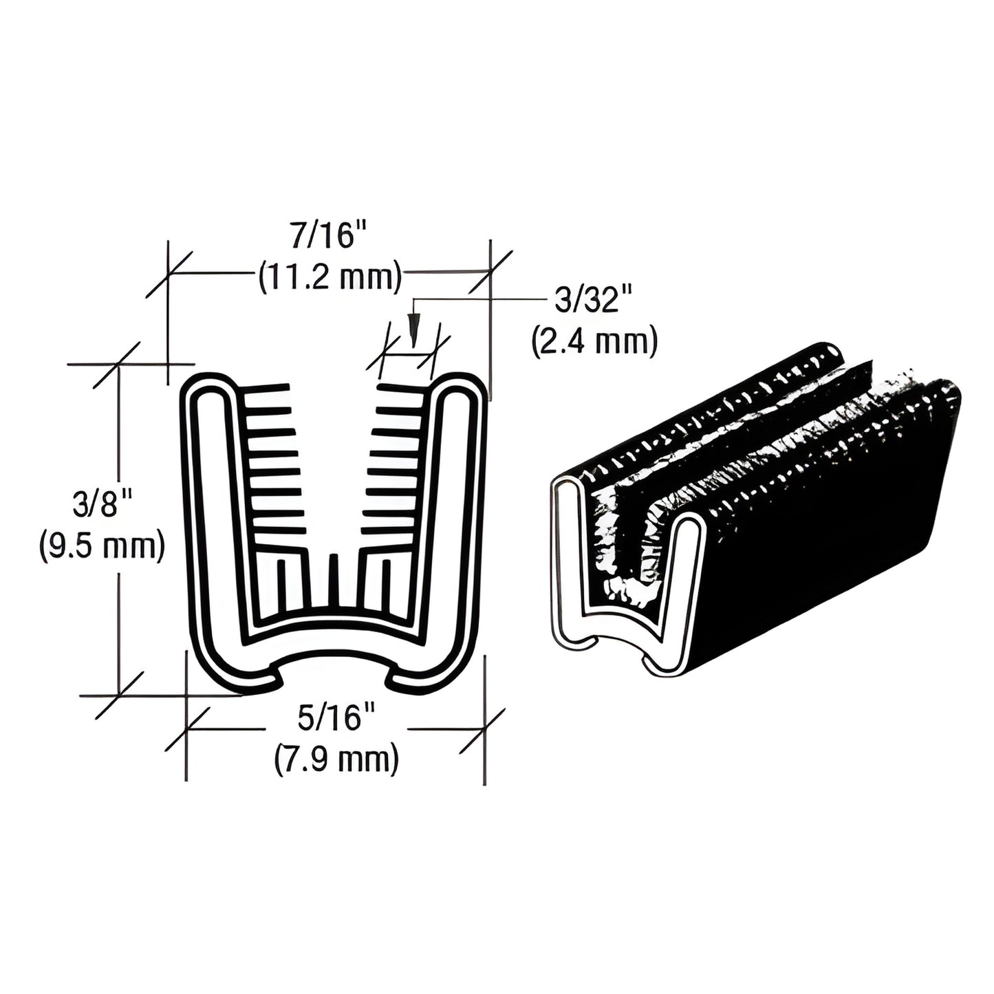 Black flexible glass run channel (SKU 21116181951), U-shaped piled seal for 3/16" (5mm) glass; cross-section with dimensions.