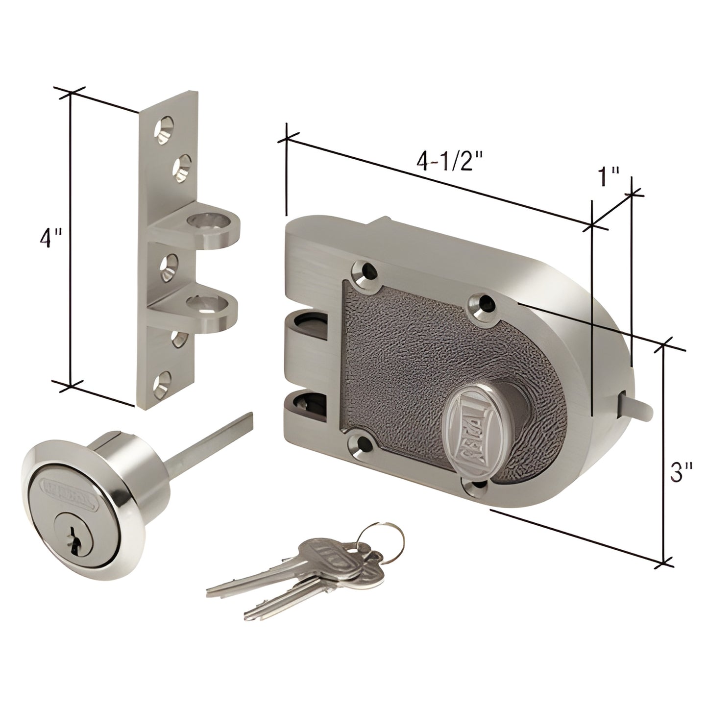 SE15328 Segal vertical deadbolt set in brushed chrome - cast bronze housing, 5 pin cylinder, keeper, keys; fits 1-2 3/8" door