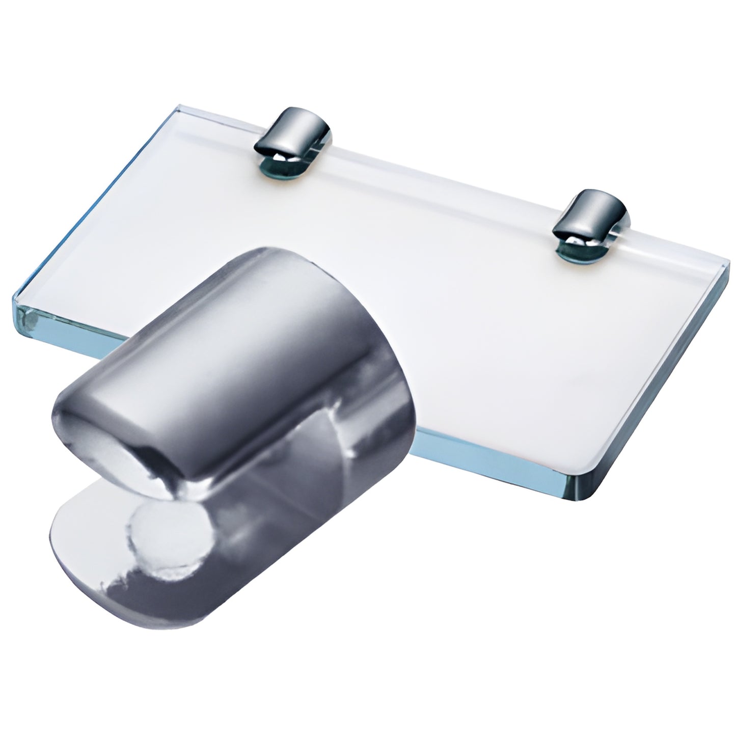 Polished chrome brass no-drill glass shelf clamp (SKU 1020CHR) holding 3/8" tempered glass, nylon set-screw design