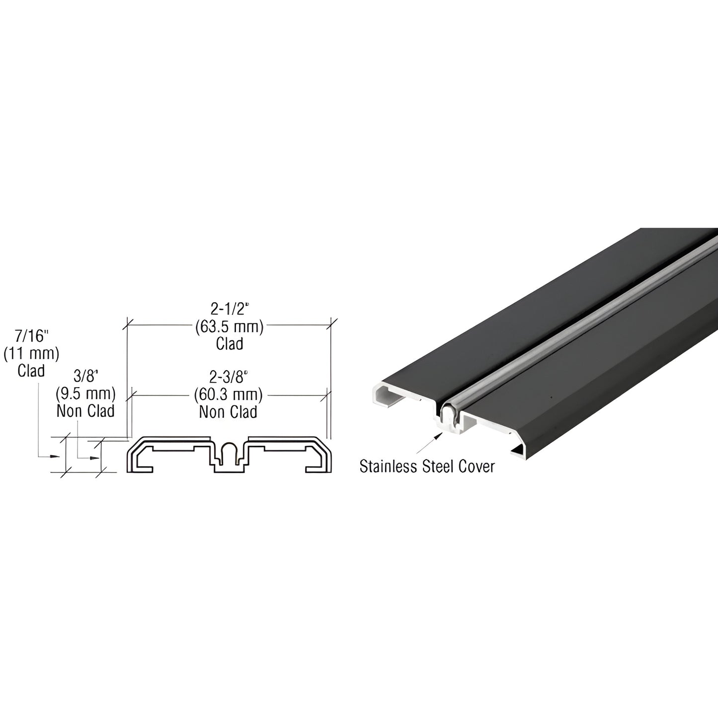 SD1BTBL gloss-black bottom track for bottom-rolling sliding doors with stainless steel roller guide cover, 2" wide, 120" long