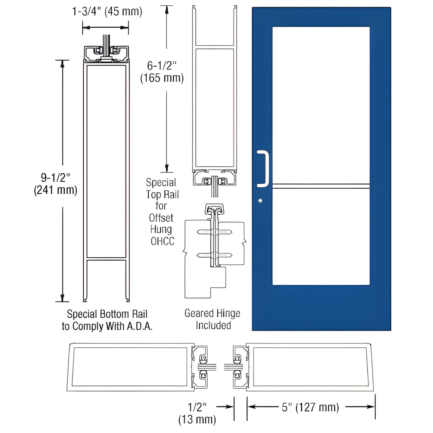 CRL custom wide-stile blue entrance door CD51971 - 5 in stiles, 9.5 in ADA bottom rail, gear-hinge and glass-stop ready.