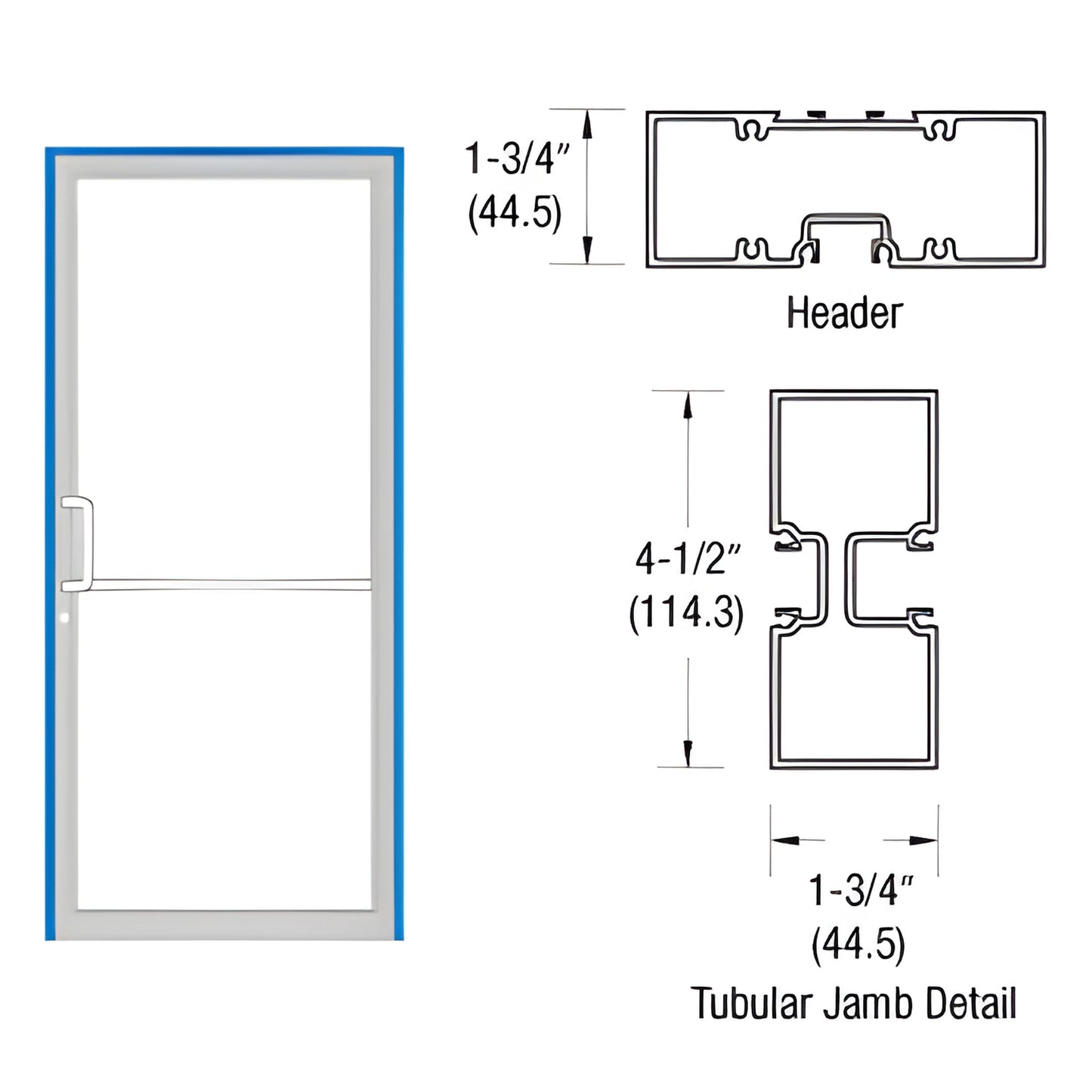 FR41871 aluminum gear-hinge frame diagram showing 1-3/4" x 4-1/2" tubular jamb, header, threshold and door outline
