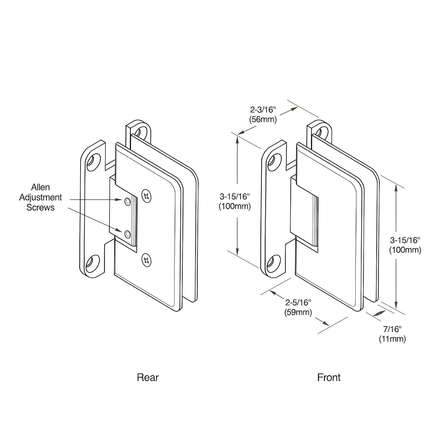 Brushed-bronze solid brass adjustable shower door hinge for 3/8-1/2" glass, wall-mount (SKU C0L337BBRZ)