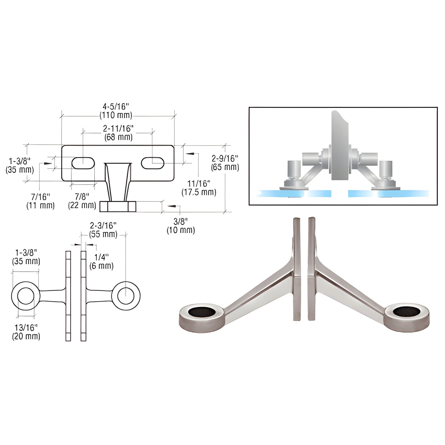 GRF2BS stainless steel wall/fin mount fitting for two inline glass panels; front photo plus dimensional diagram.