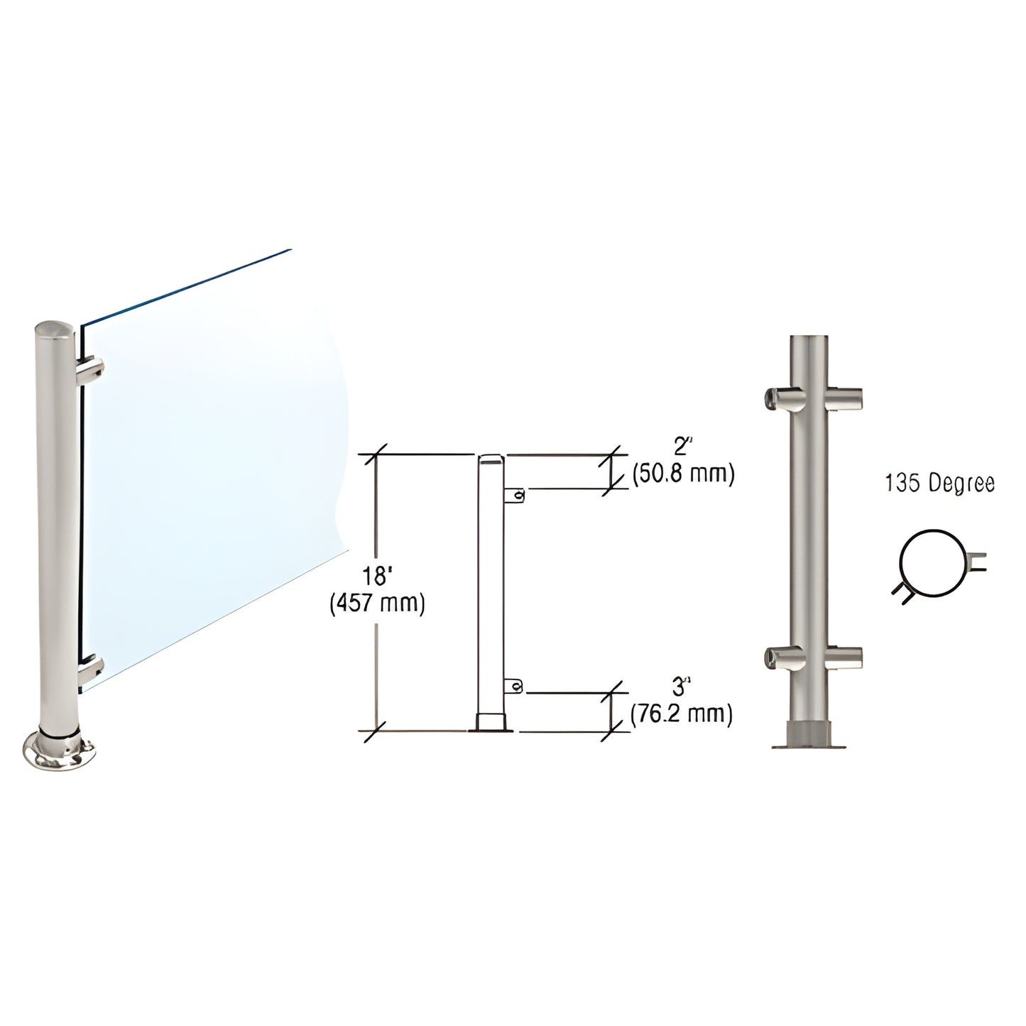 PP45ABS 18in brushed stainless steel 135 round partition post with adhesive flange and flat cap, glass standoffs.