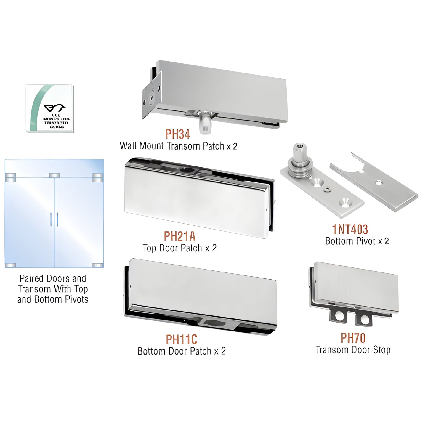 PHE6BS brushed stainless steel European double-door patch kit for 3/8 or 1/2 tempered glass, includes pivots/patches
