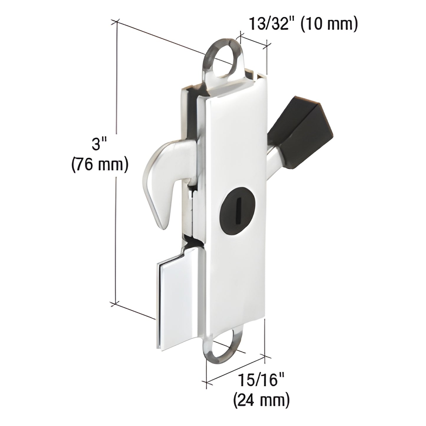 E2105 stamped aluminum latch assembly with steel hook and black plastic lever tip, 3" tall, 15/16" wide.