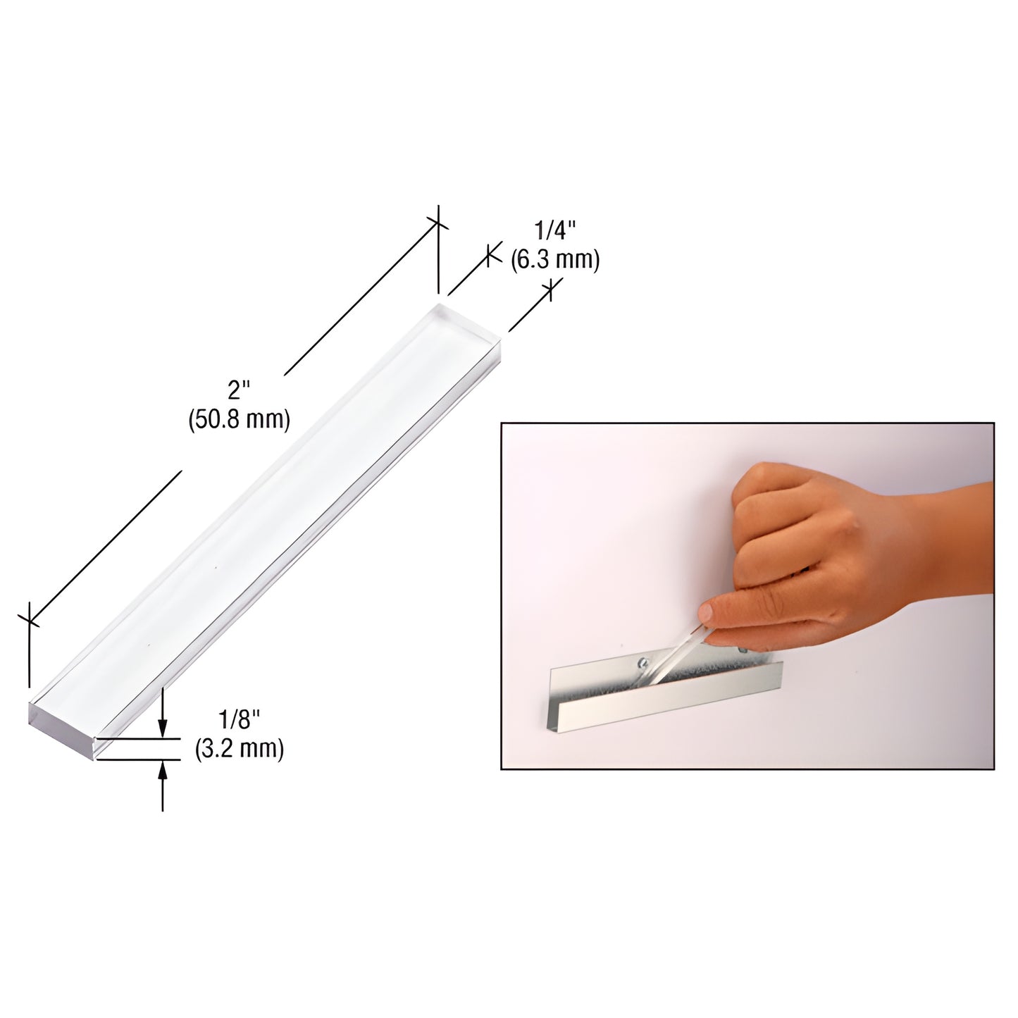 Clear plastic 2 in setting block PSB125, 1/4" 1/8", for frameless shower/mirror support, shown installed.
