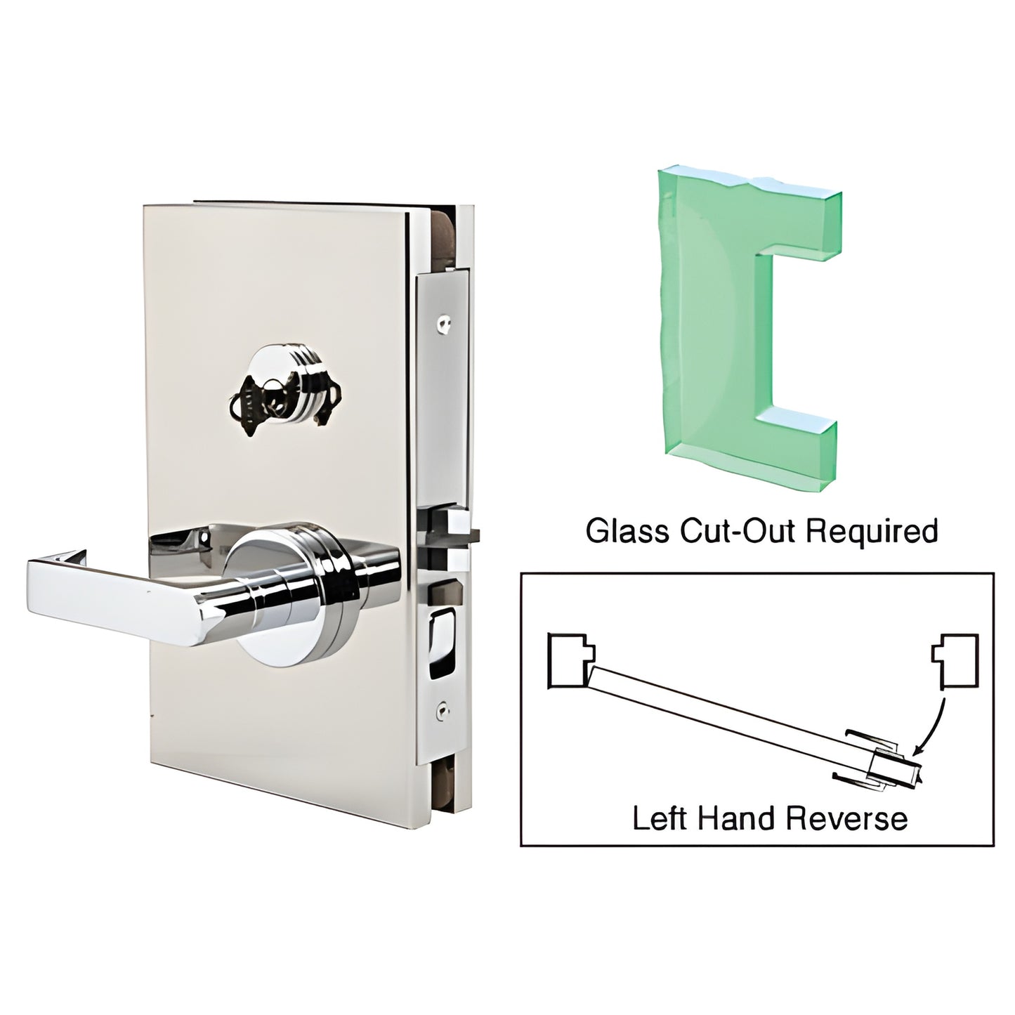 CRL DL611L0PS polished stainless center lock for 1/2 in (12 mm) tempered glass, 6x10 in, left-hand