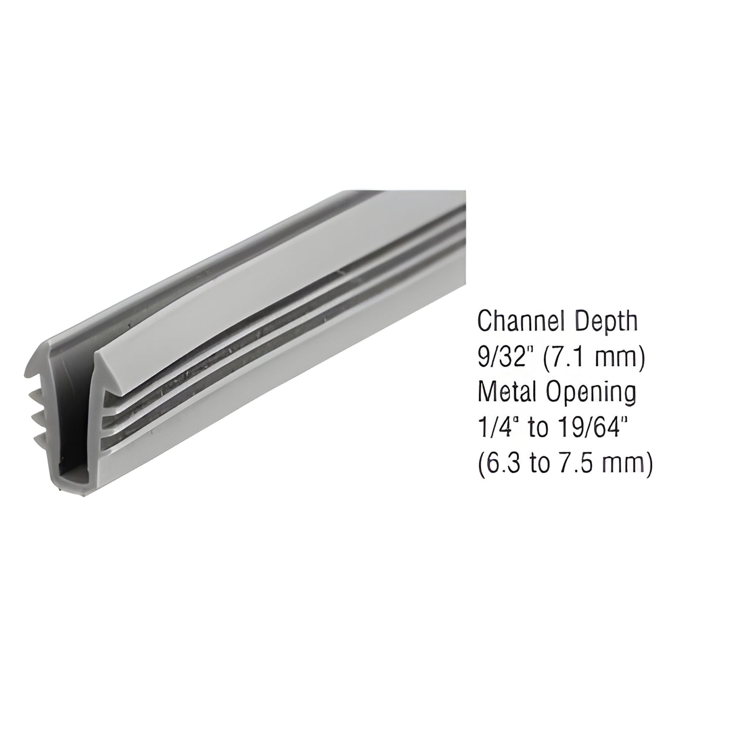 GC722C gray extruded glazing vinyl strip for 1/8" double-strength glass, 9/32" channel, 100' roll.