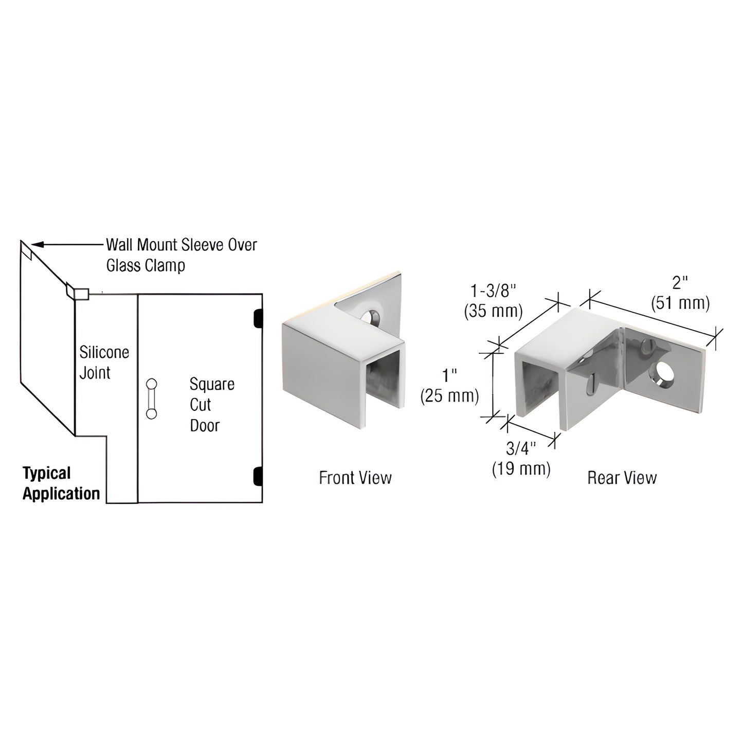 Polished chrome sleeve-over wall clamp for 8-12mm (5/16-1/2") glass, solid brass left-hand shower clamp SKU S0GC37LCH