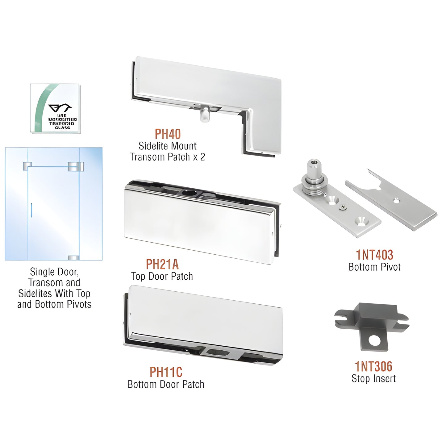 CRL PHE5A frameless tempered glass door pivot kit, satin anodized patches and pivots for 3/8-1/2 glass