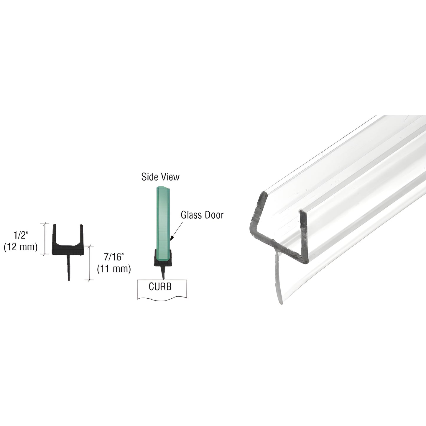 Clear polycarbonate one-piece bottom rail (P661BR) for frameless shower doors, 1/2" glazing, vinyl sweep seal