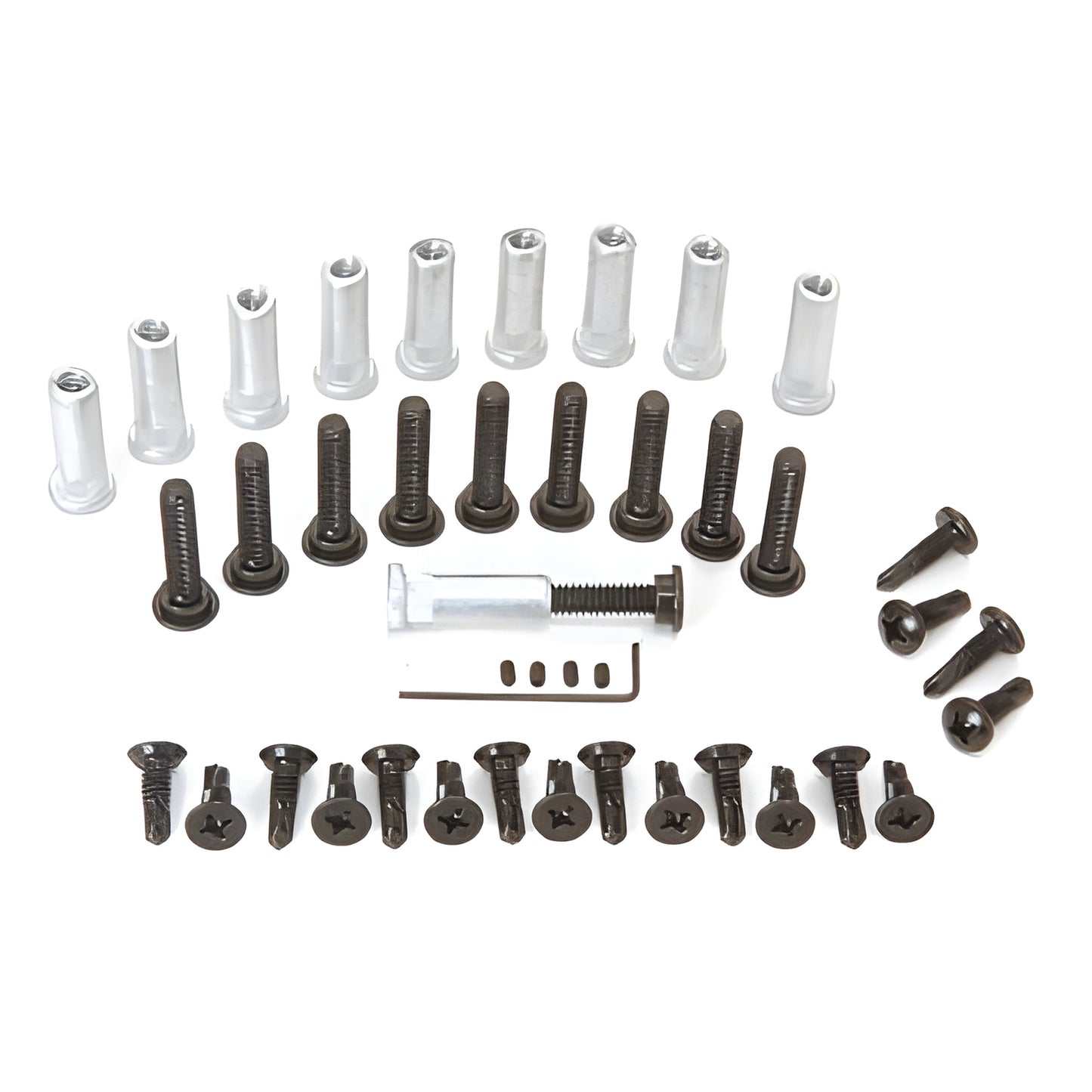 CRL RSP200DU pack of 20 replacement hinge screws and caps, aluminum and dark bronze, laid out on white background.