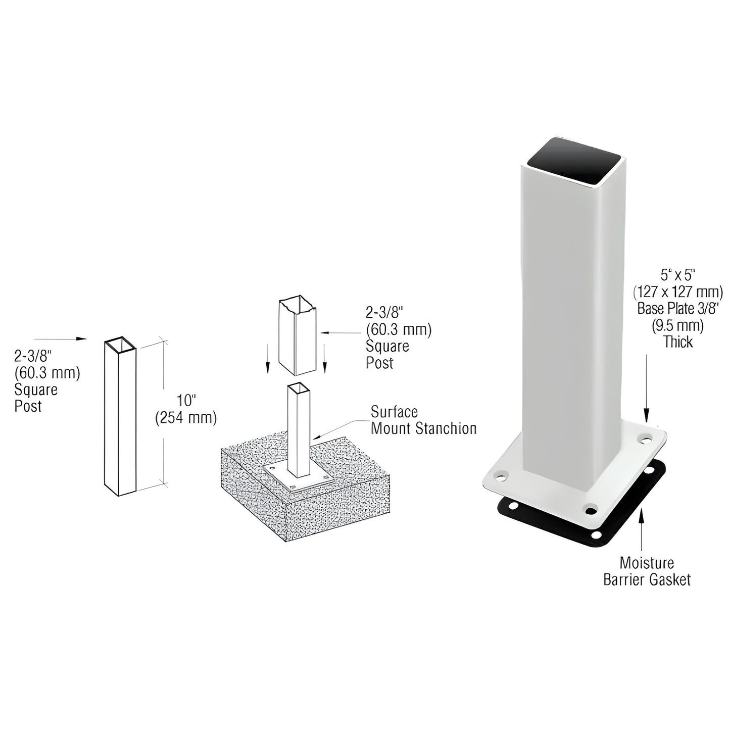 PST5BPS stainless steel surface-mount stanchion with 5 5" base plate, silver metallic, for 2-3/8" square aluminum posts.