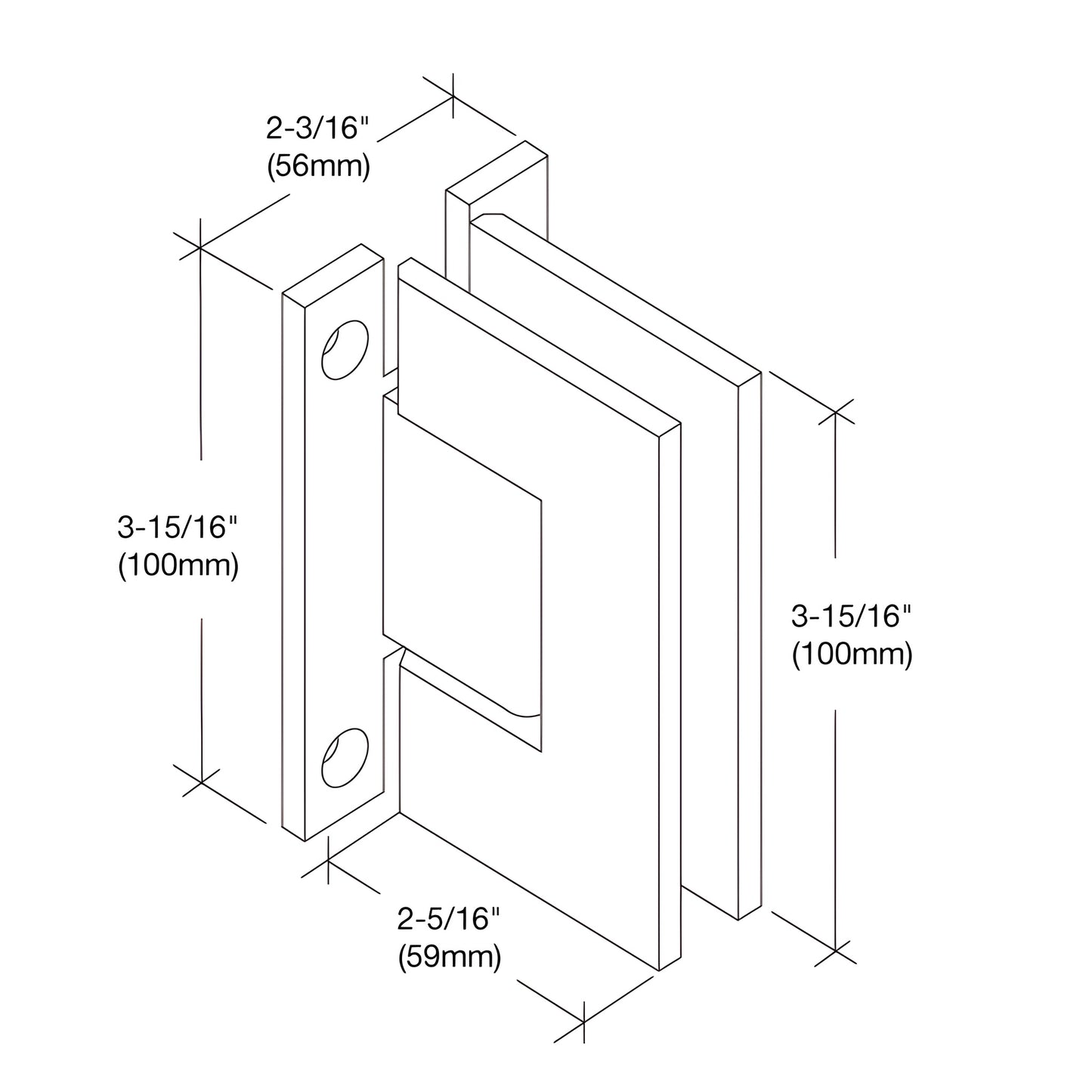 Polished chrome H-shape wall-mount hinge for 12mm frameless glass shower, Vienna series (SKU V1EH037CH)