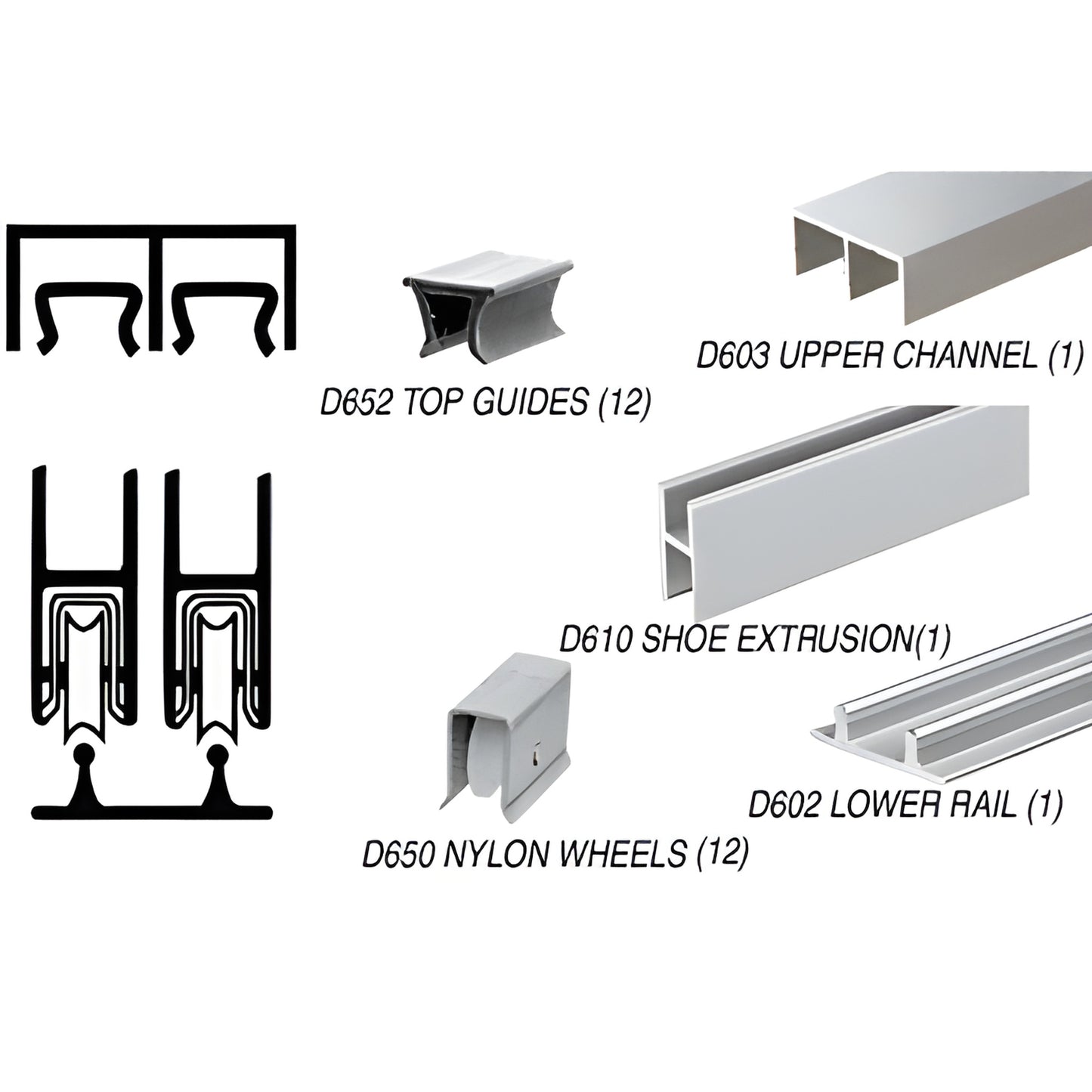 D2203BA low-profile bright anodized aluminum rolling track assembly with D650 nylon wheels for 1/4" (6mm) glass