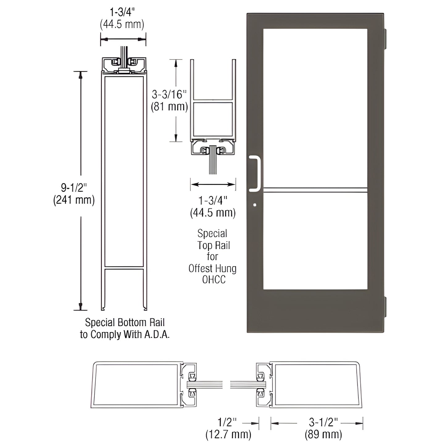 DE41422 medium stile commercial entrance door, black bronze anodized frame with large glass, ADA 9-1/2" bottom rail.