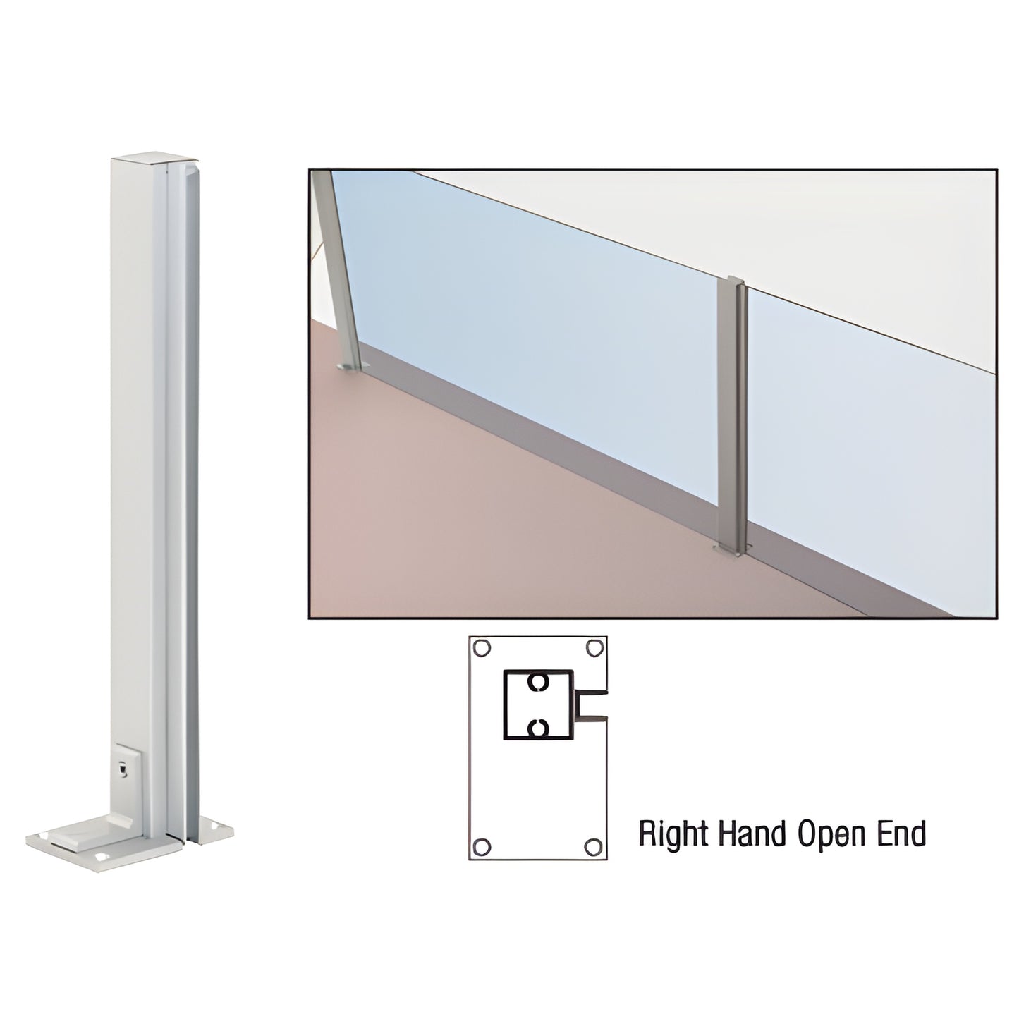 36" satin anodized aluminum square partition post, right-hand open U-channel for 1/4" glass, predrilled 2x3 base.